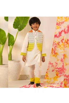 Off White Cotton Kurta With Printed Jacket Set