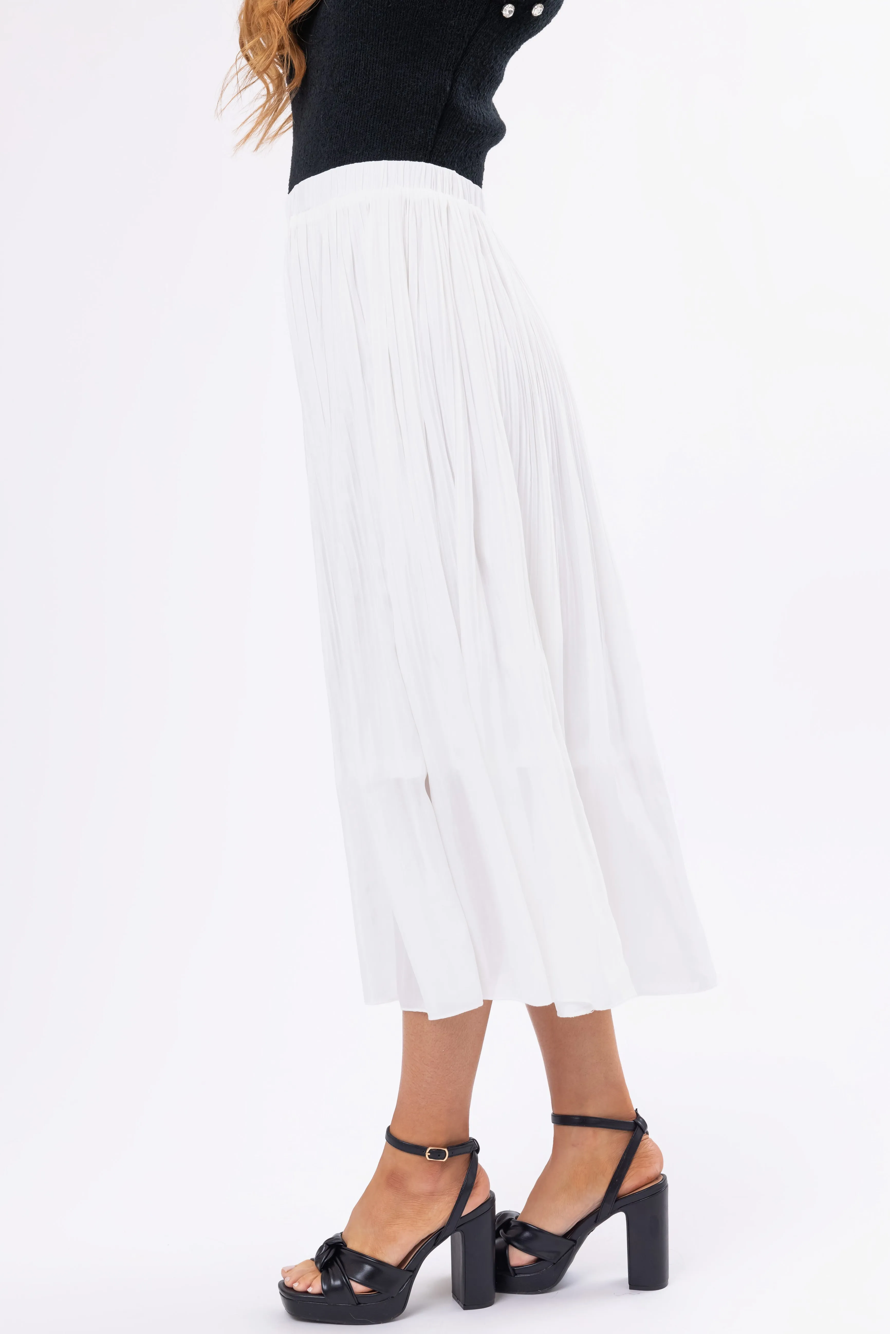 Off White Pleated Elastic Waistband Midi Skirt