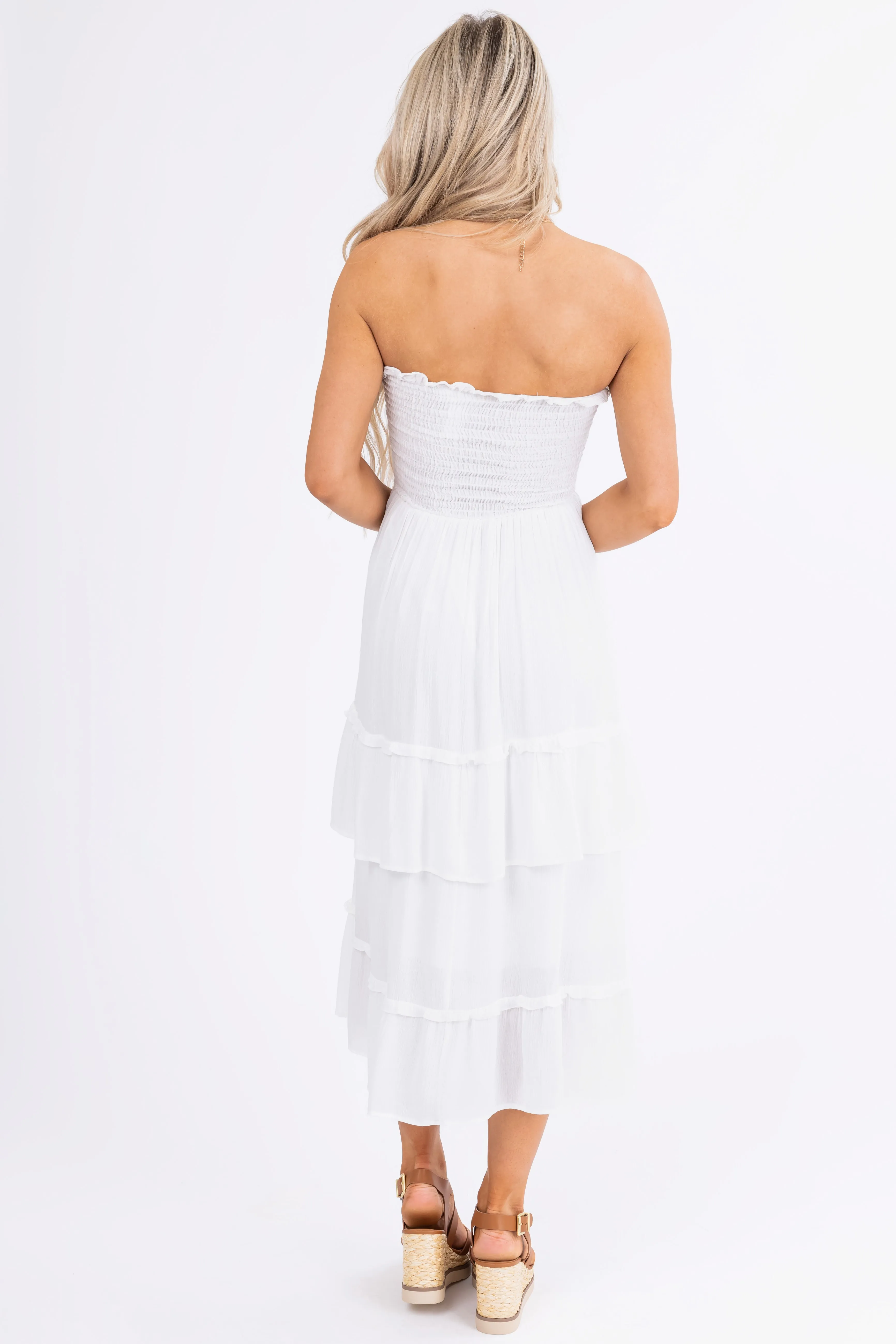 Off White Strapless Ruffle Tiered Midi Dress