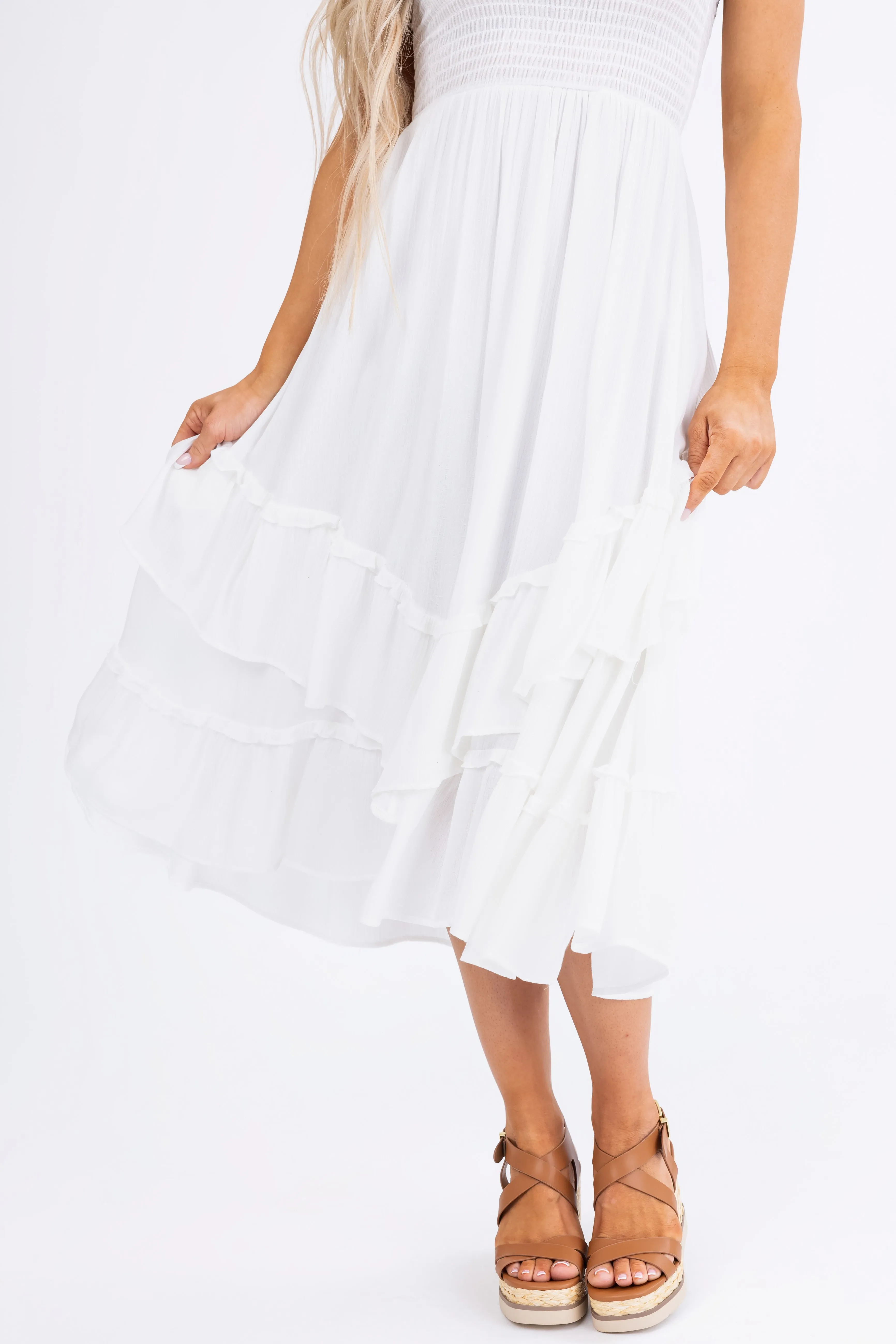 Off White Strapless Ruffle Tiered Midi Dress