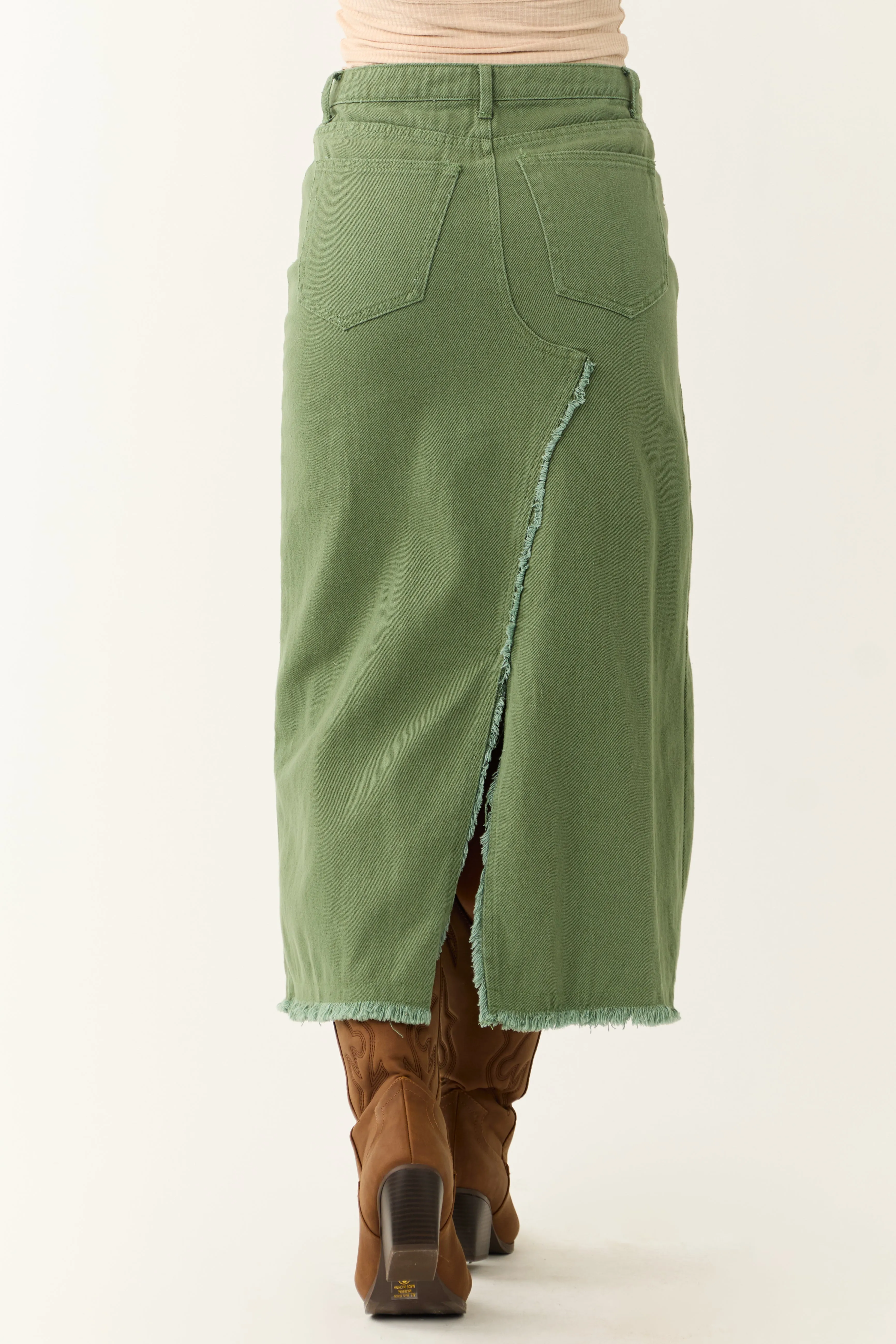 Olive Denim Frayed Hem Slits Midi Skirt