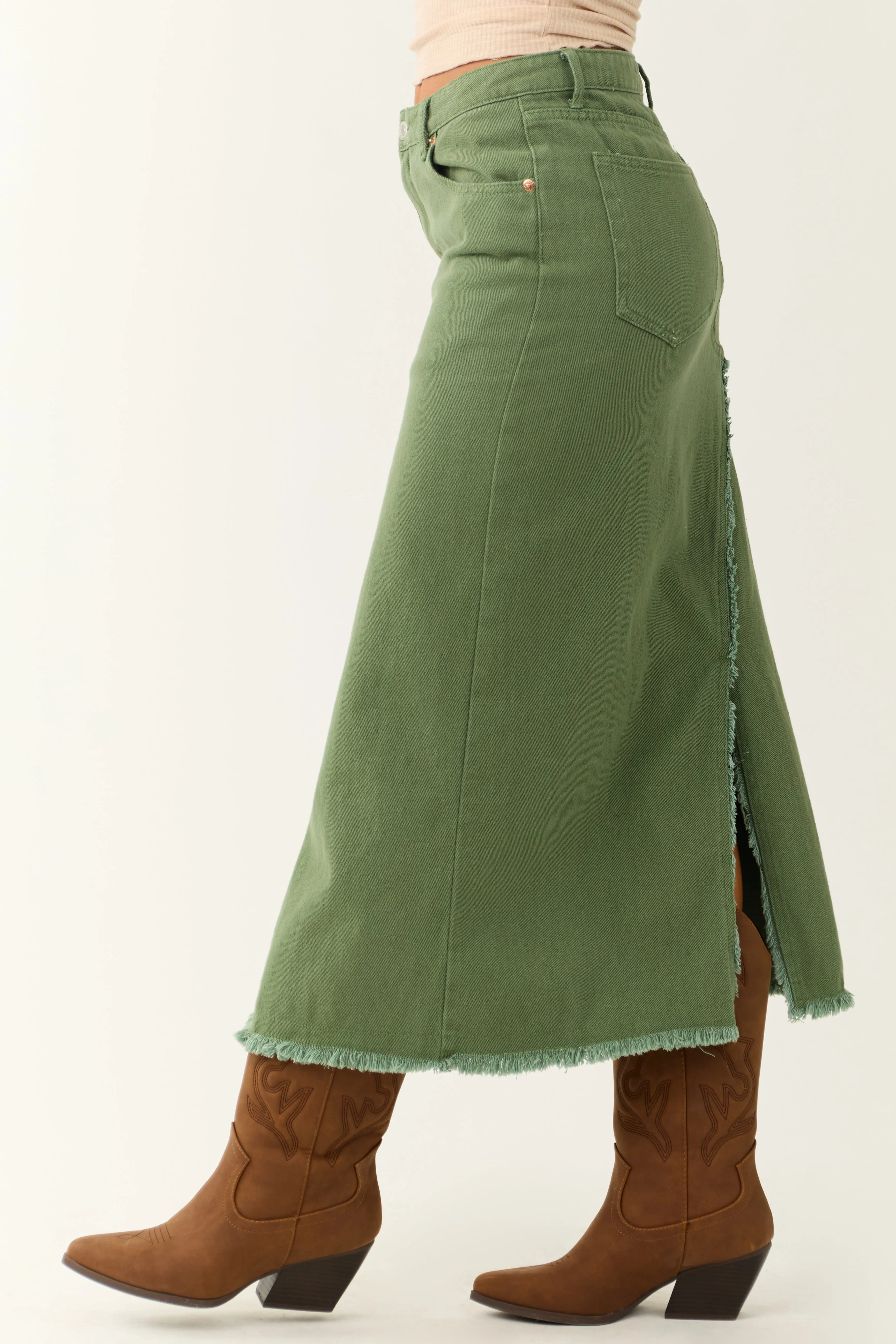 Olive Denim Frayed Hem Slits Midi Skirt