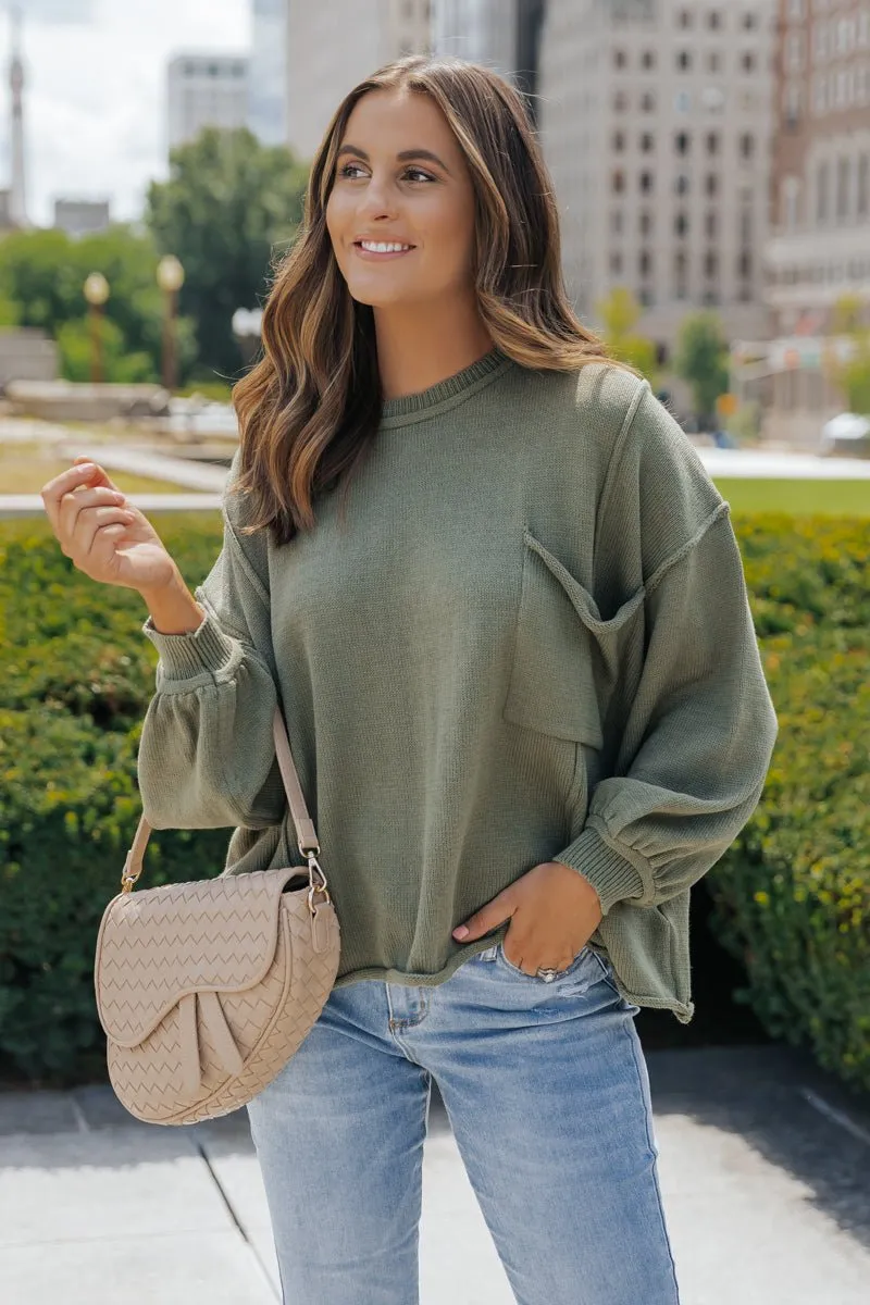 Olive Exposed Seam Pocket Sweater - FINAL SALE