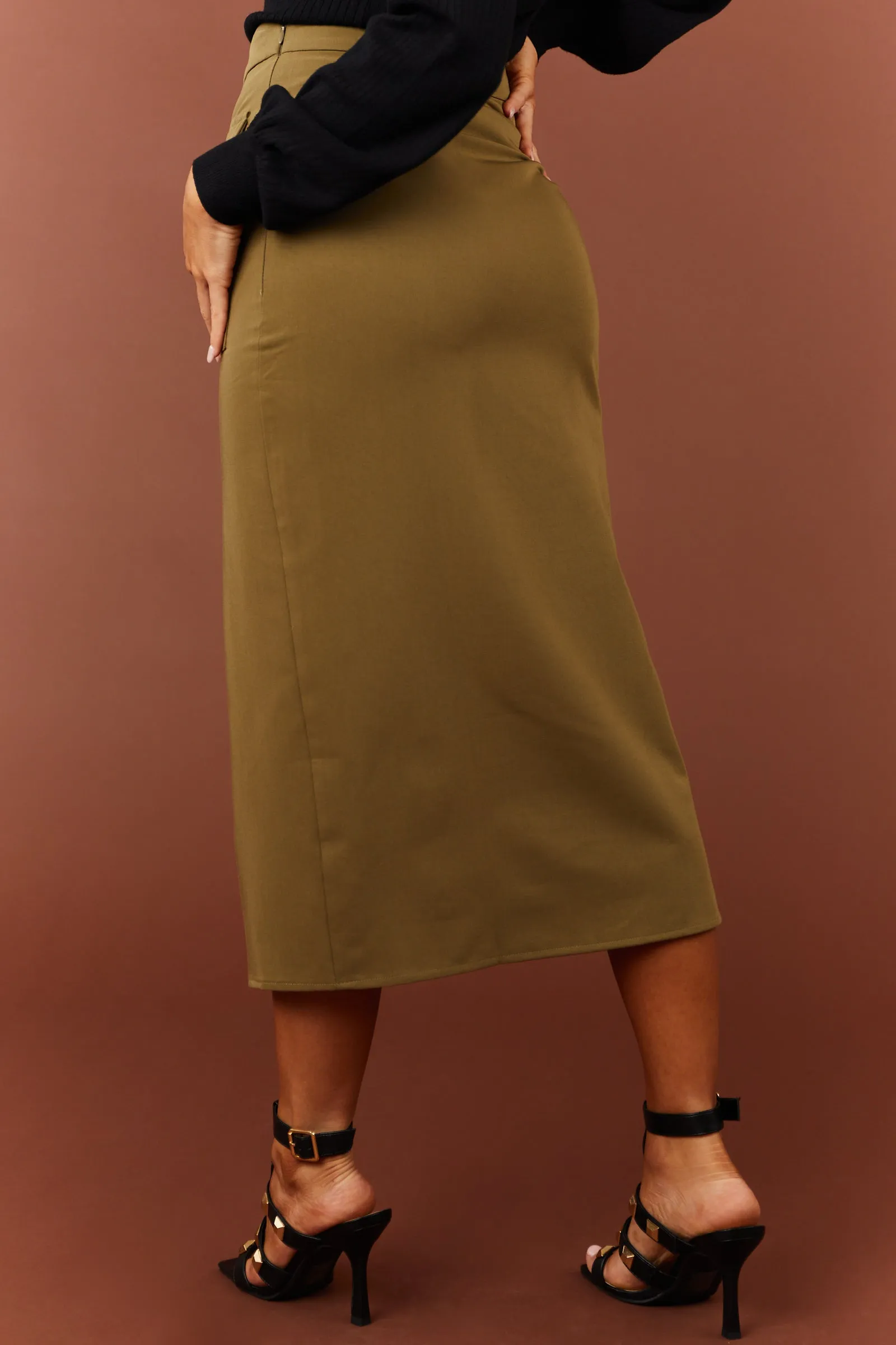 Olive Flap Pocket Belted Slit Midi Skirt