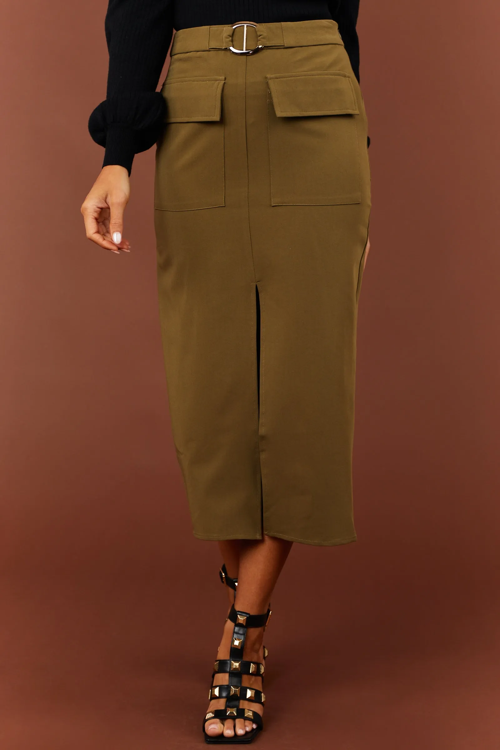 Olive Flap Pocket Belted Slit Midi Skirt