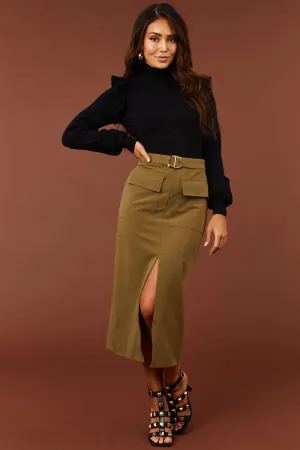 Olive Flap Pocket Belted Slit Midi Skirt