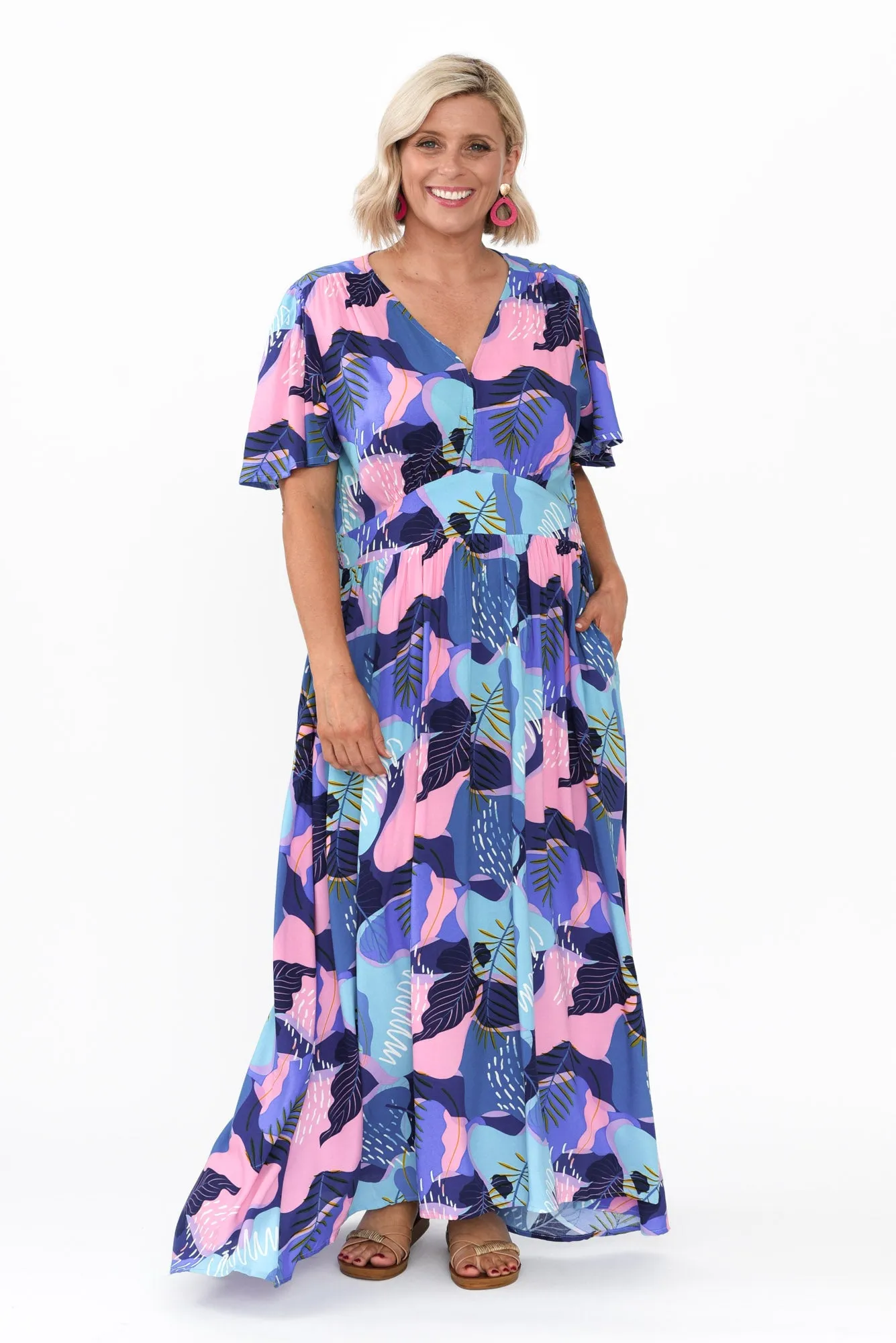 Ora Blue Abstract Flutter Sleeve Dress