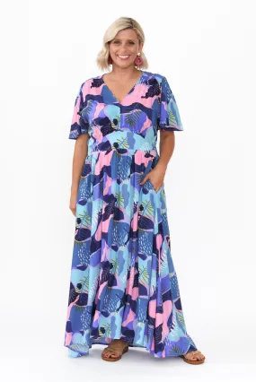 Ora Blue Abstract Flutter Sleeve Dress