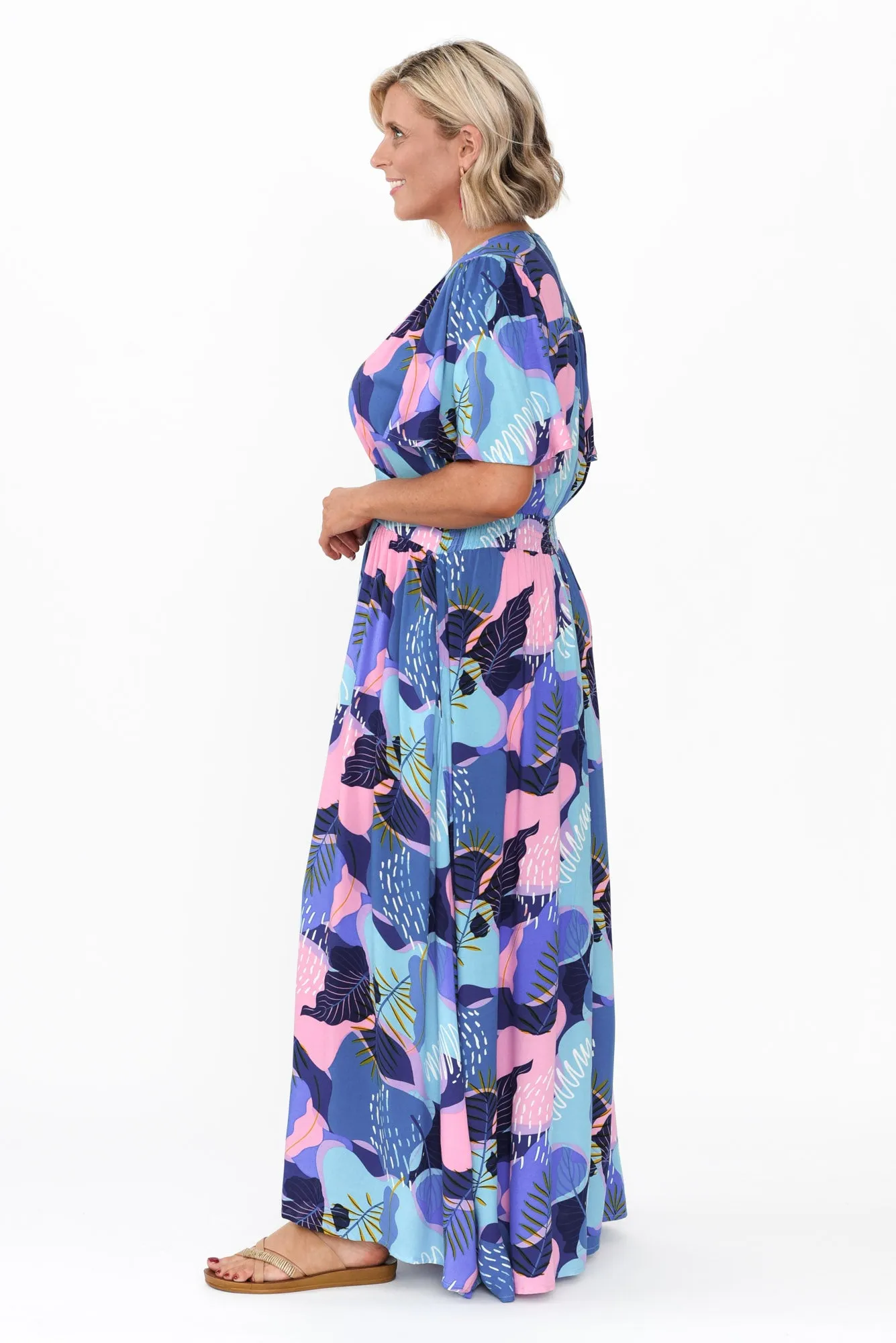 Ora Blue Abstract Flutter Sleeve Dress