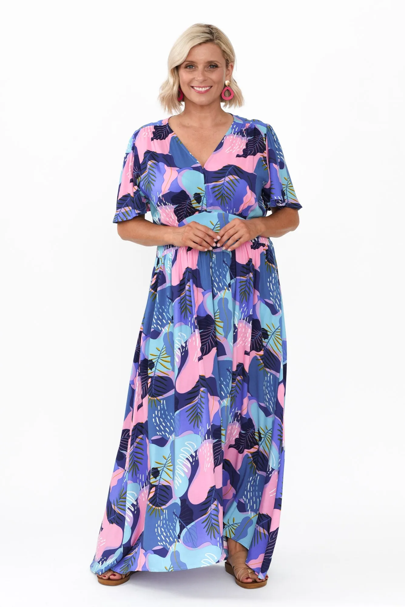 Ora Blue Abstract Flutter Sleeve Dress