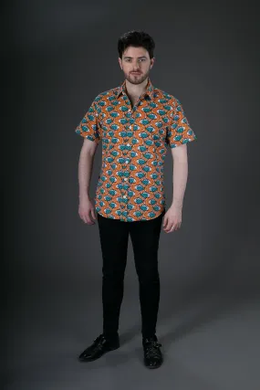 Orange Fish Print Cotton Slim Fit Mens Shirt Short Sleeve