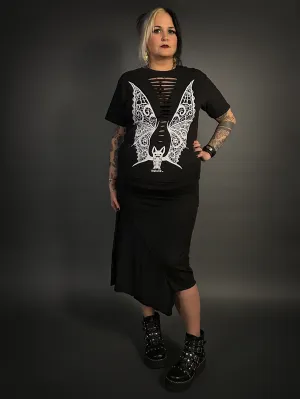 Outfit Set - Asymmetrical Stretch Midi Skirt in Black & Front Slashed Bat T-Shirt