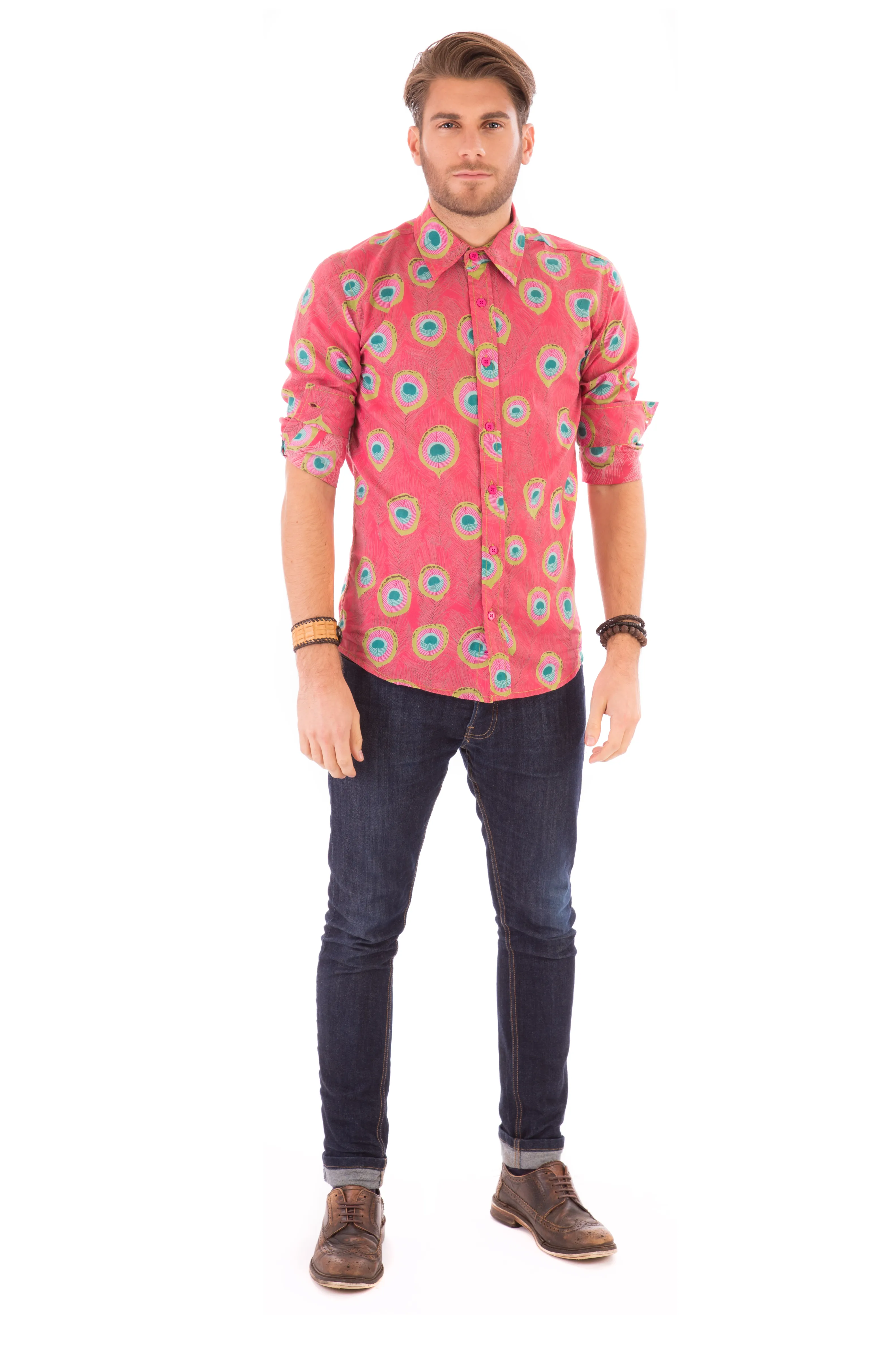 Peacock Print Cotton Slim Fit Mens Shirt Long Sleeve