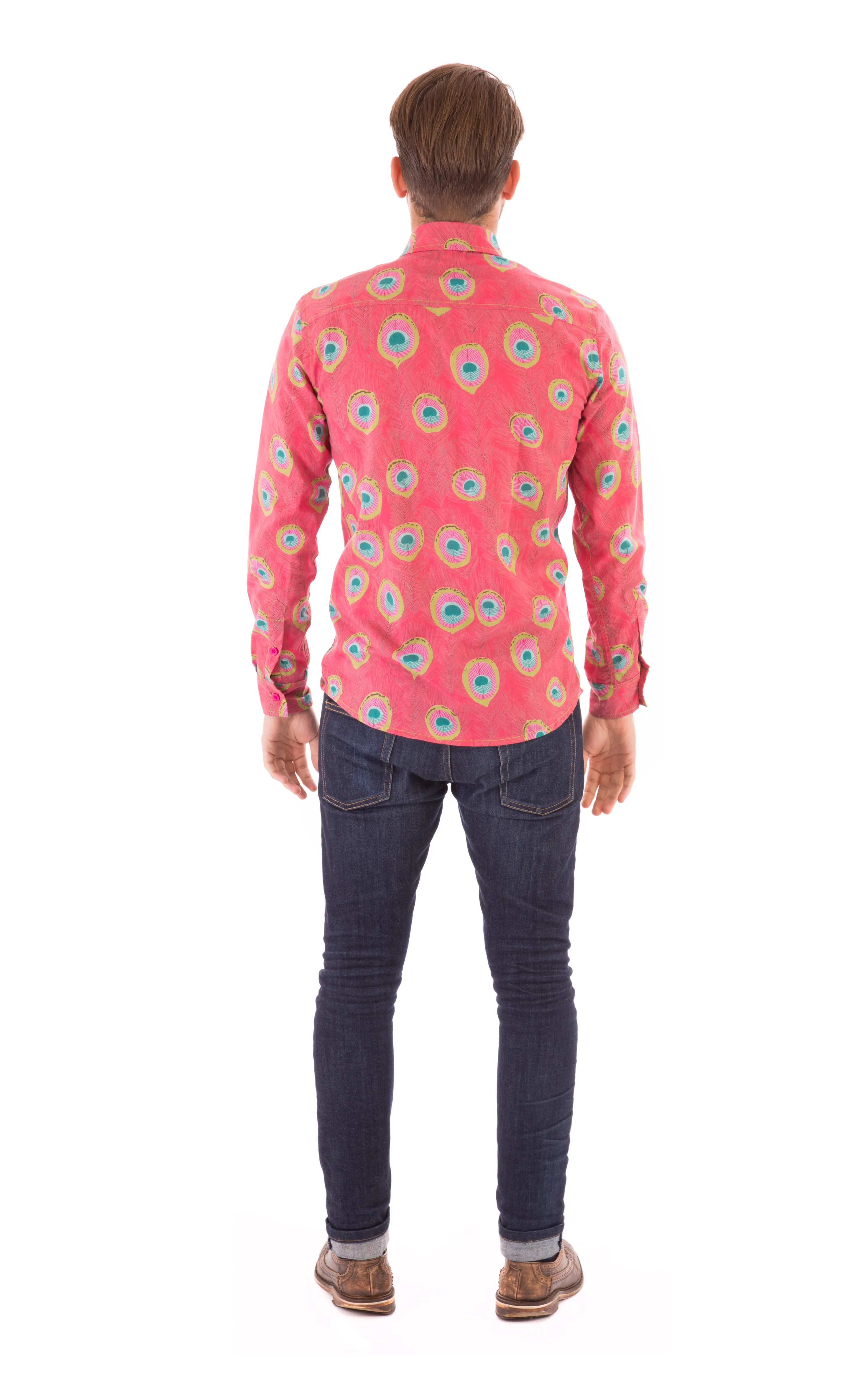 Peacock Print Cotton Slim Fit Mens Shirt Long Sleeve