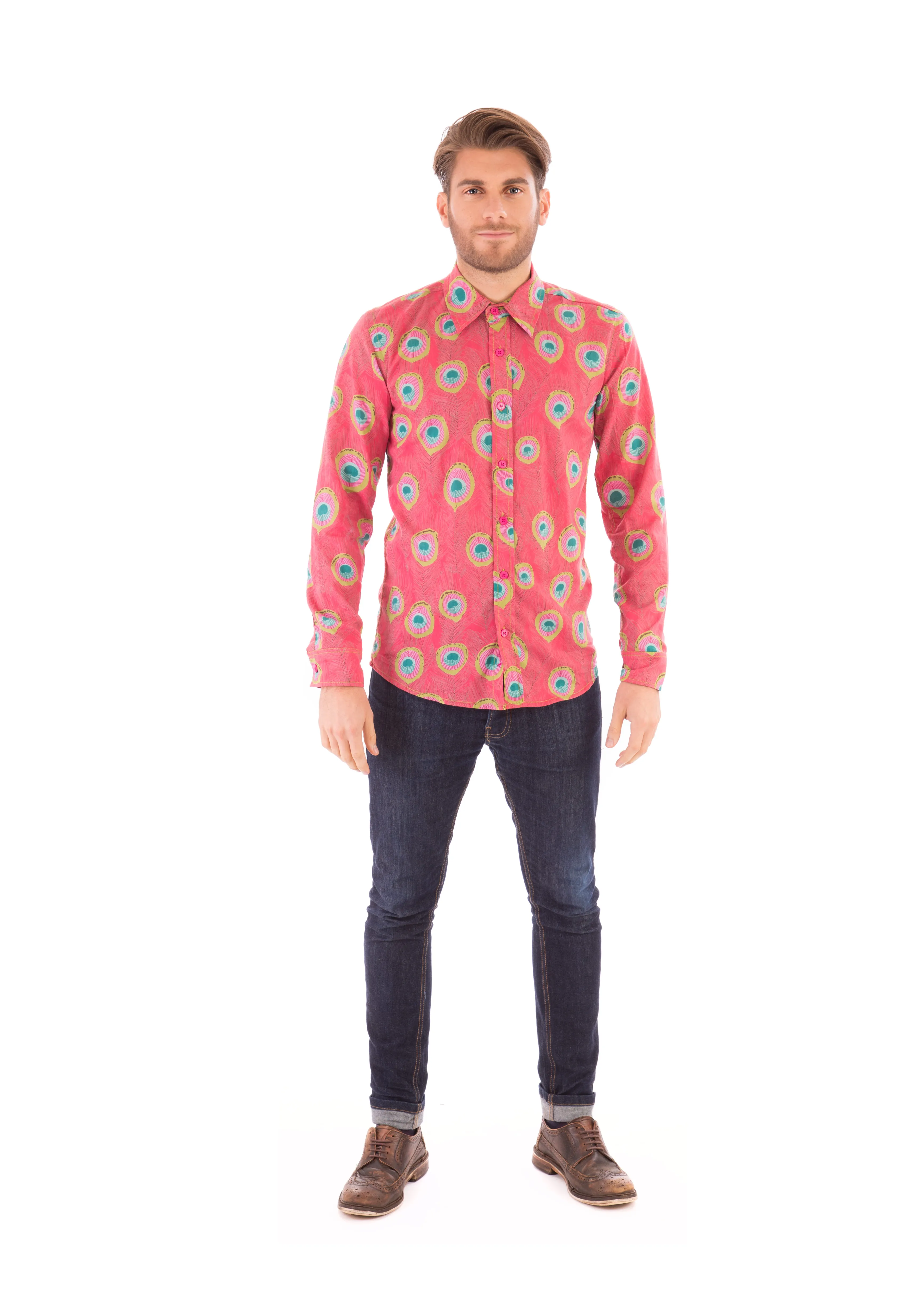 Peacock Print Cotton Slim Fit Mens Shirt Long Sleeve