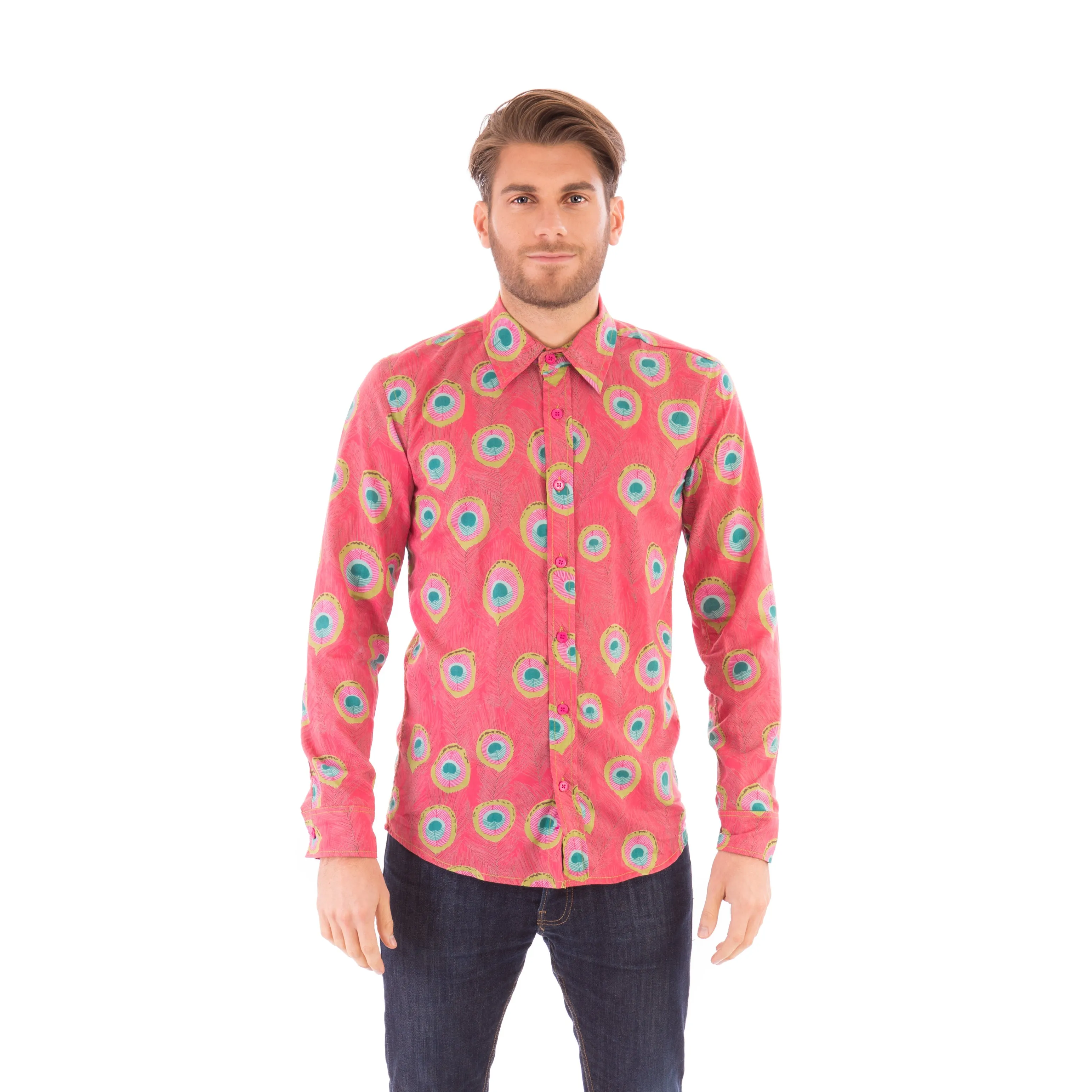 Peacock Print Cotton Slim Fit Mens Shirt Long Sleeve