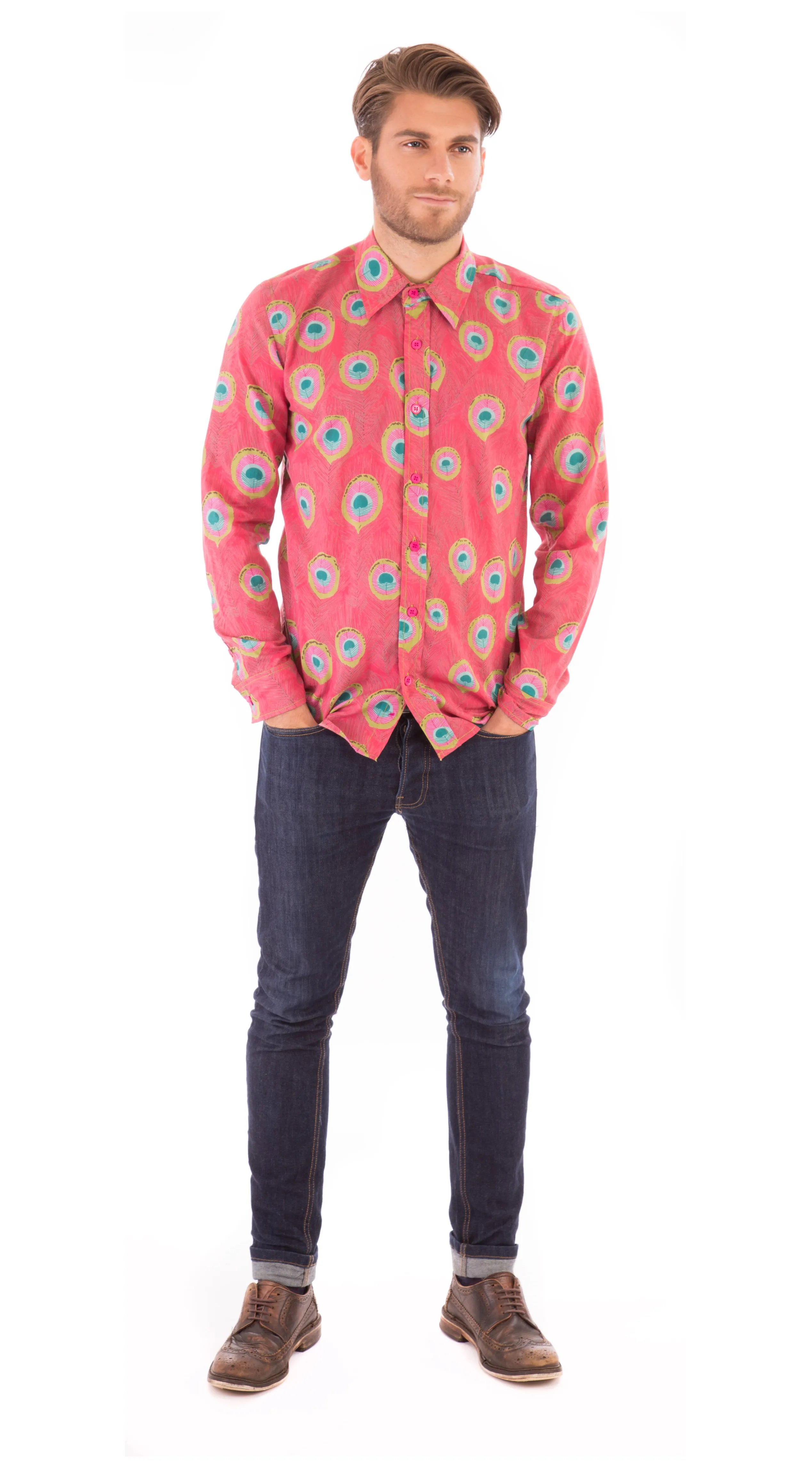 Peacock Print Cotton Slim Fit Mens Shirt Long Sleeve