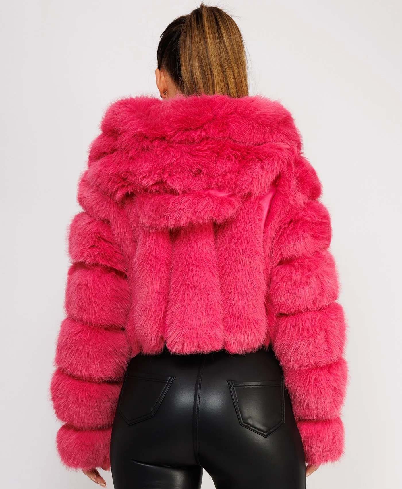 Pink Faux Fur Striped Panel Hooded Coat Jacket