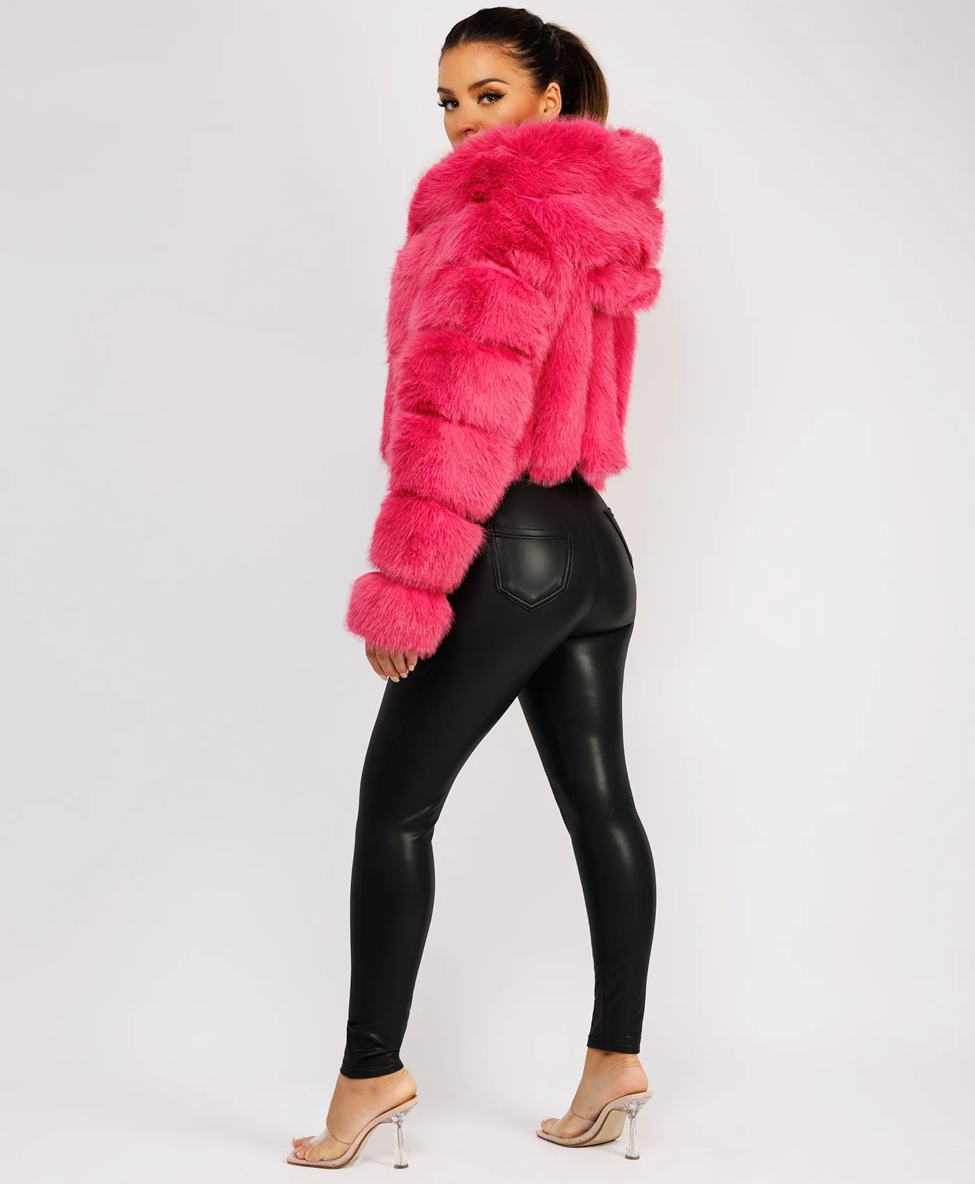 Pink Faux Fur Striped Panel Hooded Coat Jacket