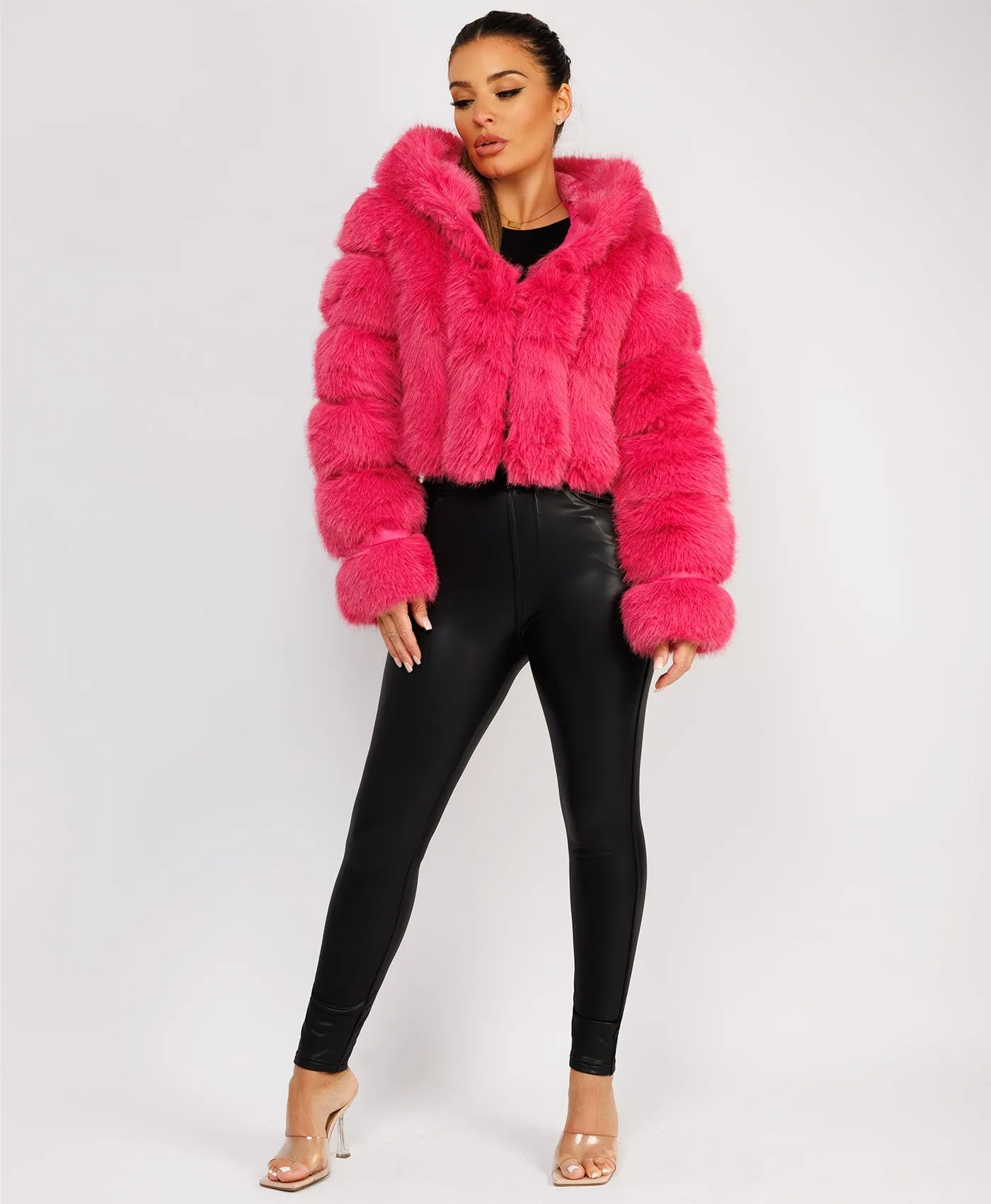 Pink Faux Fur Striped Panel Hooded Coat Jacket