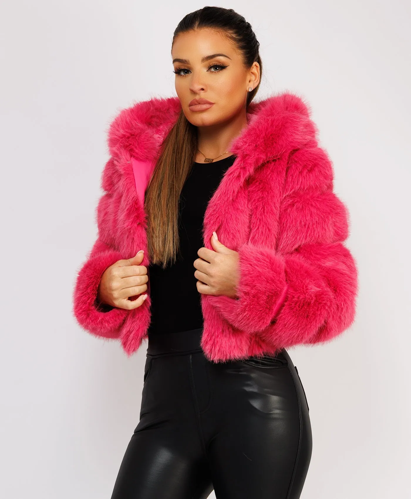 Pink Faux Fur Striped Panel Hooded Coat Jacket