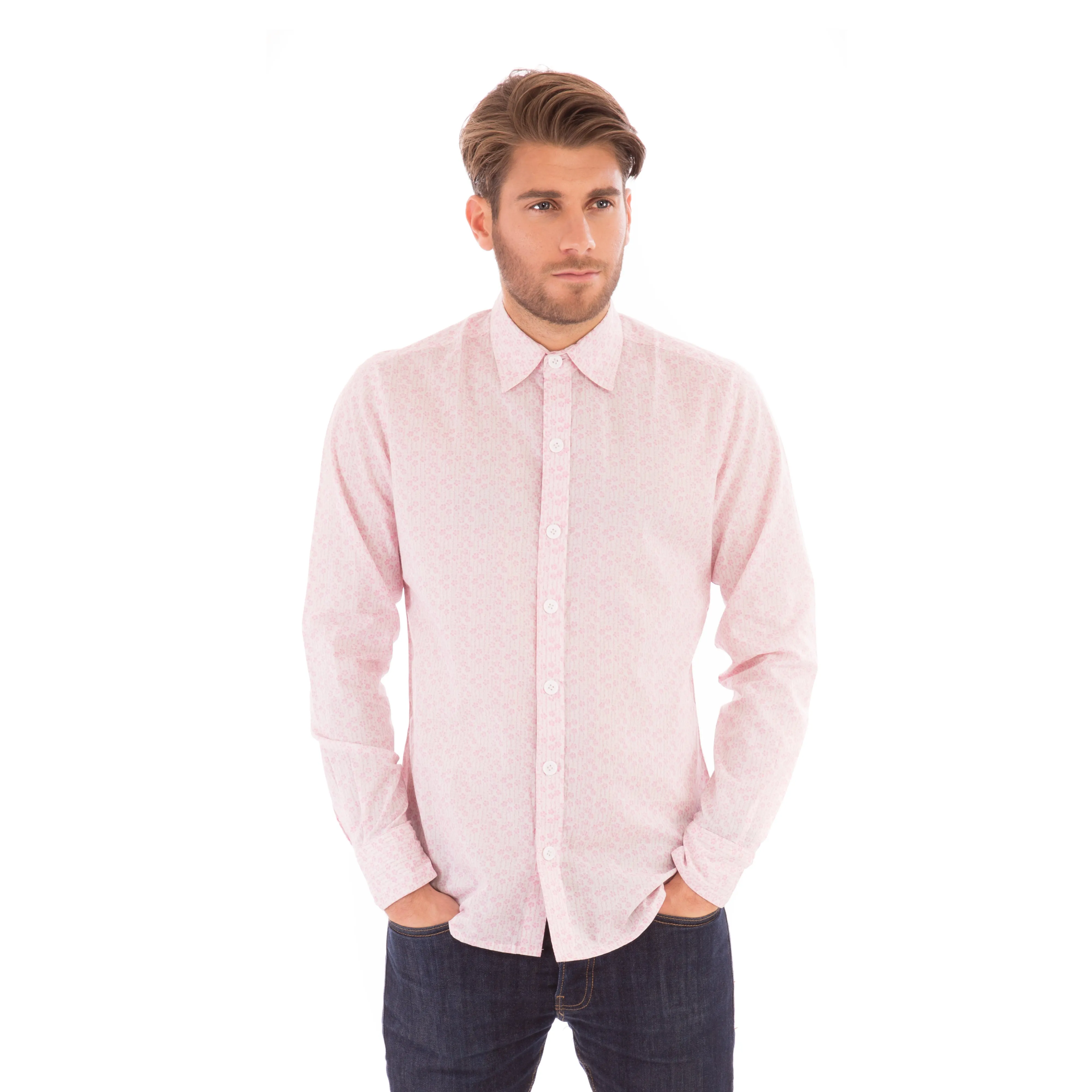 Pink Floral Print Cotton Slim Fit Mens Shirt Long Sleeve