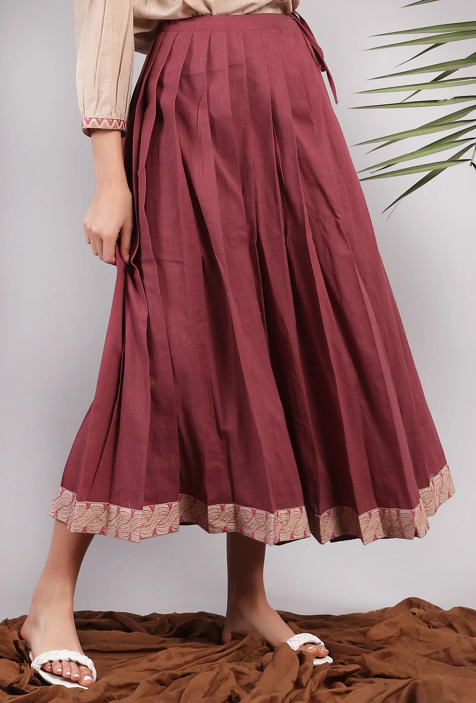 Plum Embroidered Pleated Midi Skirt