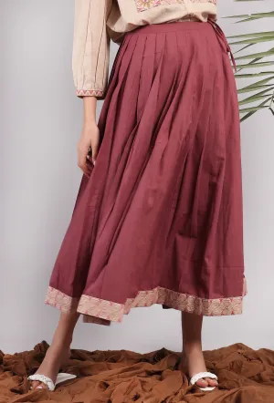 Plum Embroidered Pleated Midi Skirt