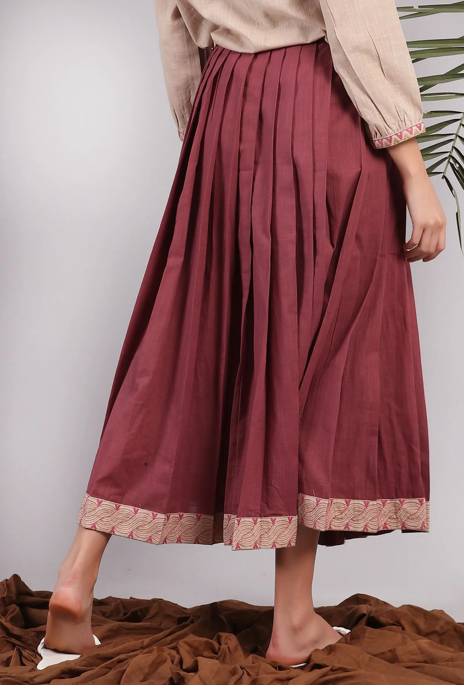 Plum Embroidered Pleated Midi Skirt