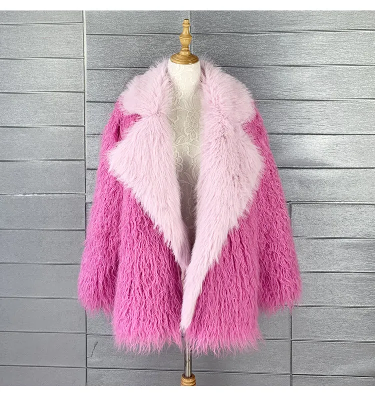 Pre Order:  Pink Faux Fur Patchwork Fluffy Coat