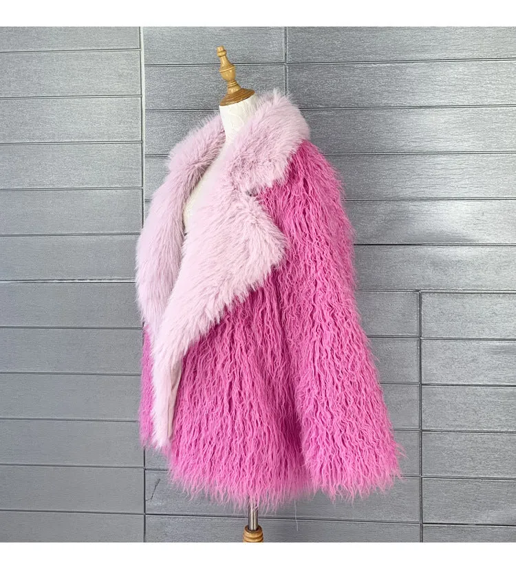 Pre Order:  Pink Faux Fur Patchwork Fluffy Coat