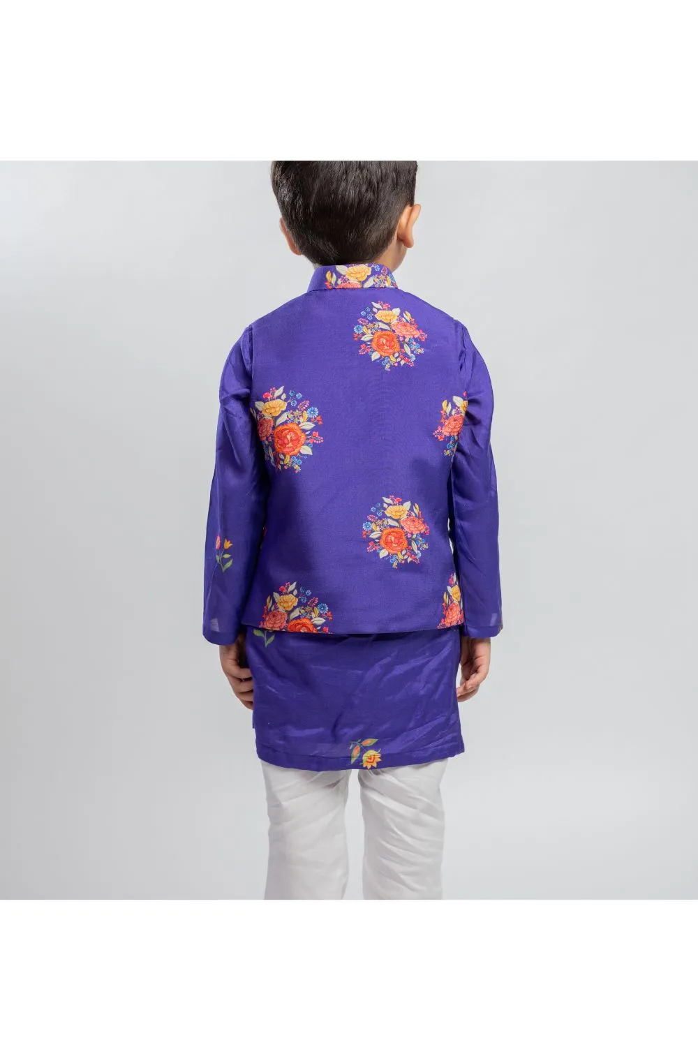 Purple Muslin Kurta And White Pyjama With Purple Floral Printed Jacket Set