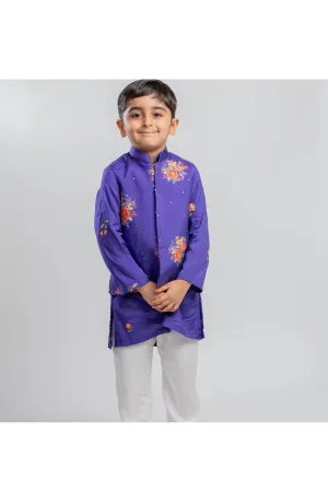 Purple Muslin Kurta And White Pyjama With Purple Floral Printed Jacket Set