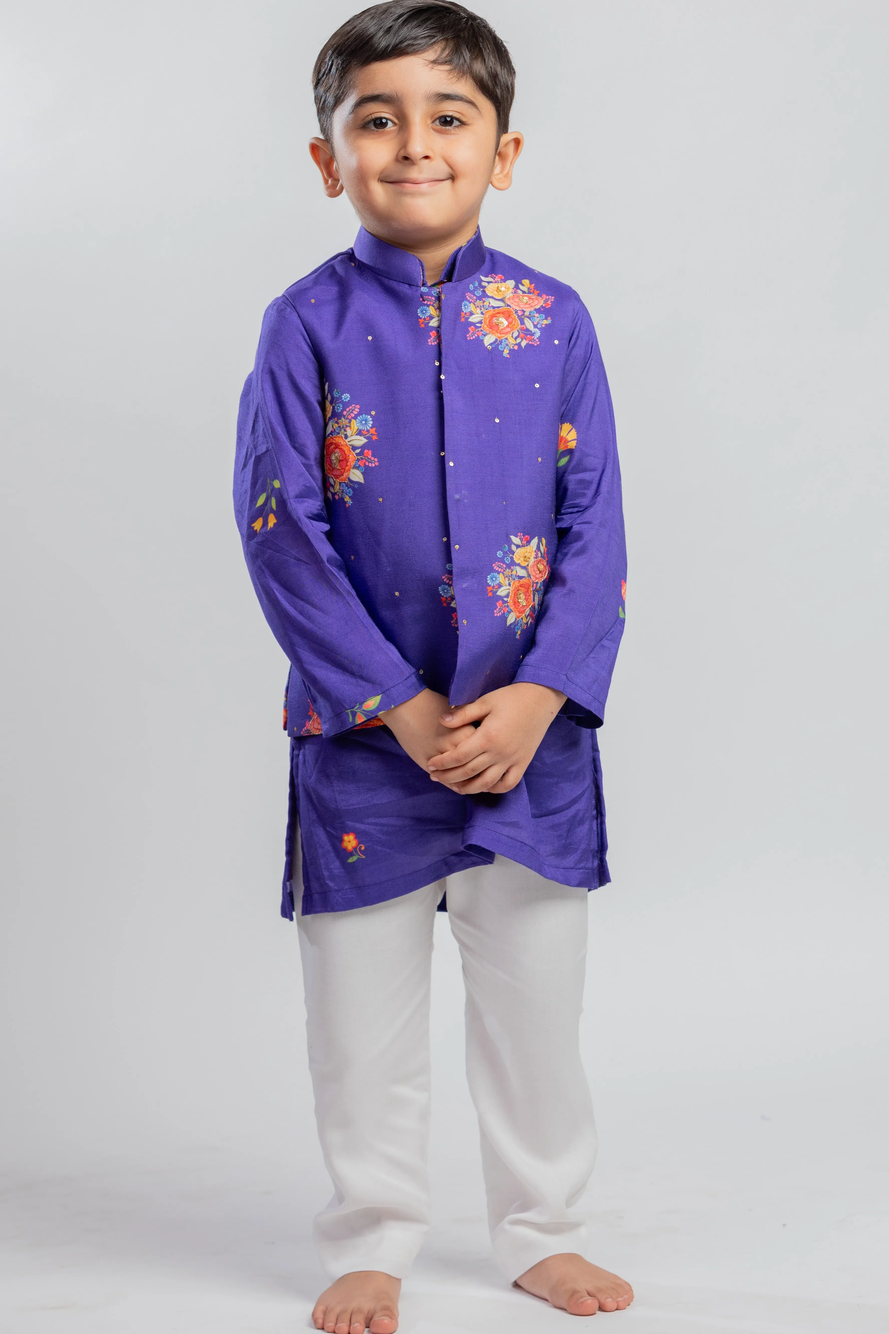 Purple Muslin Kurta And White Pyjama With Purple Floral Printed Jacket Set