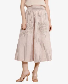 Rareism Women Cuba-B Light Beige Cotton Fabric Stripe Ankle Length Skirt