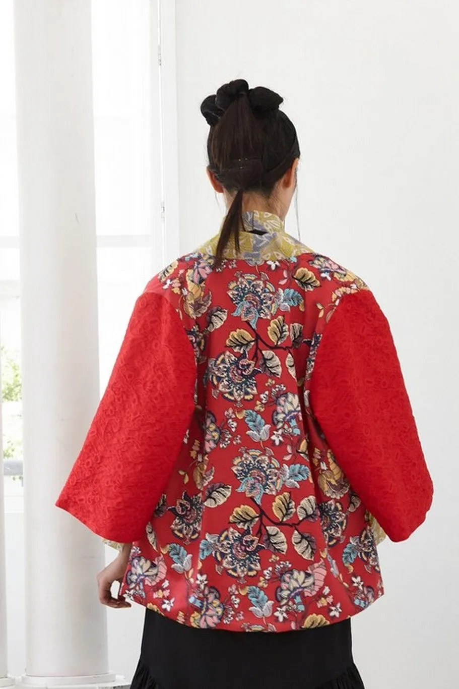 RED COTTON, MIX BATIK AND RED PRINTED SATIN - REVERSIBLE SHAWL JACKET - MULTI