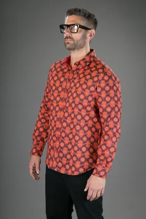 Red Orange Print Cotton Slim-Fit  Long-Sleeve Mens Shirt