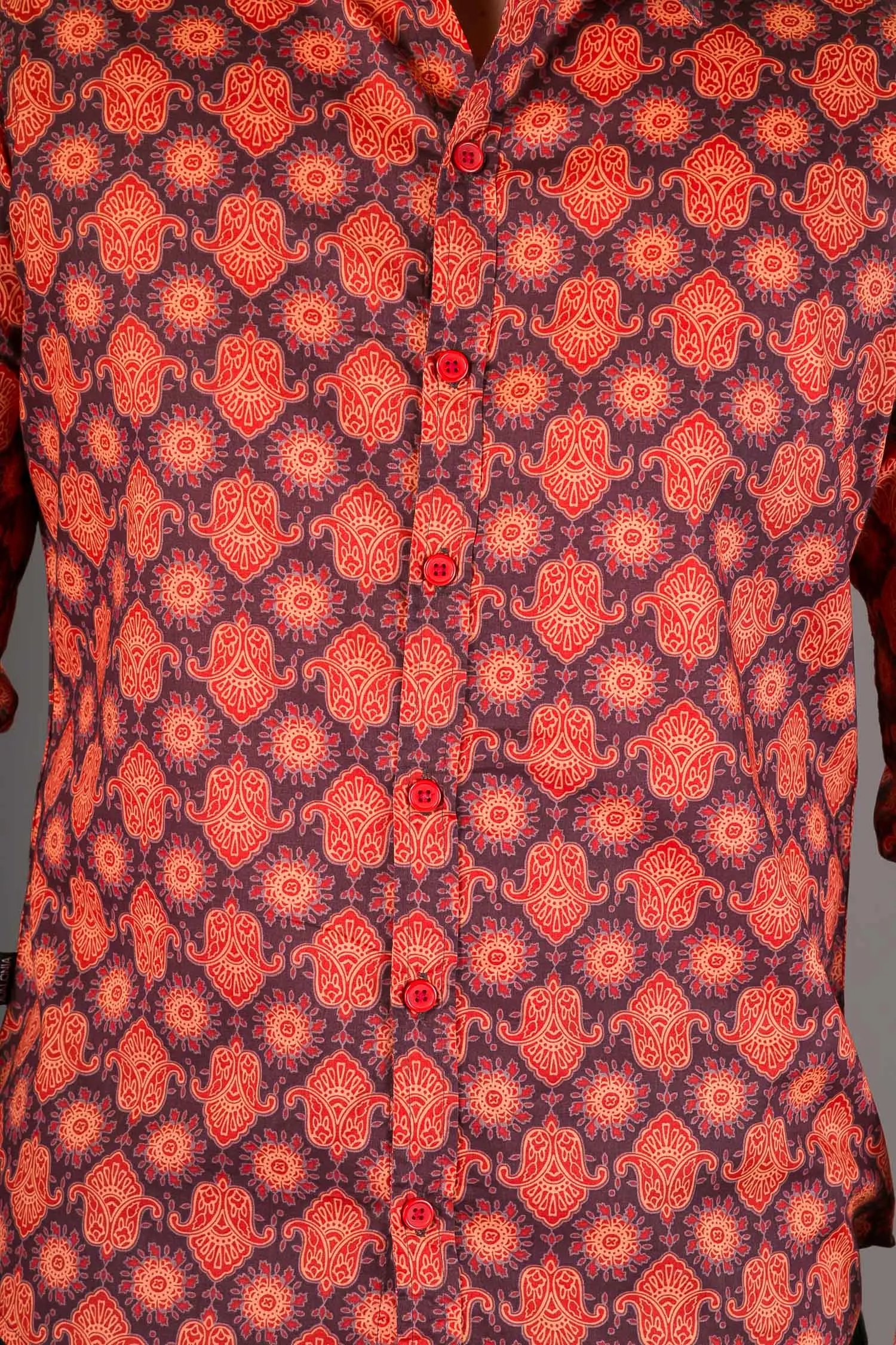 Red Orange Print Cotton Slim-Fit  Long-Sleeve Mens Shirt