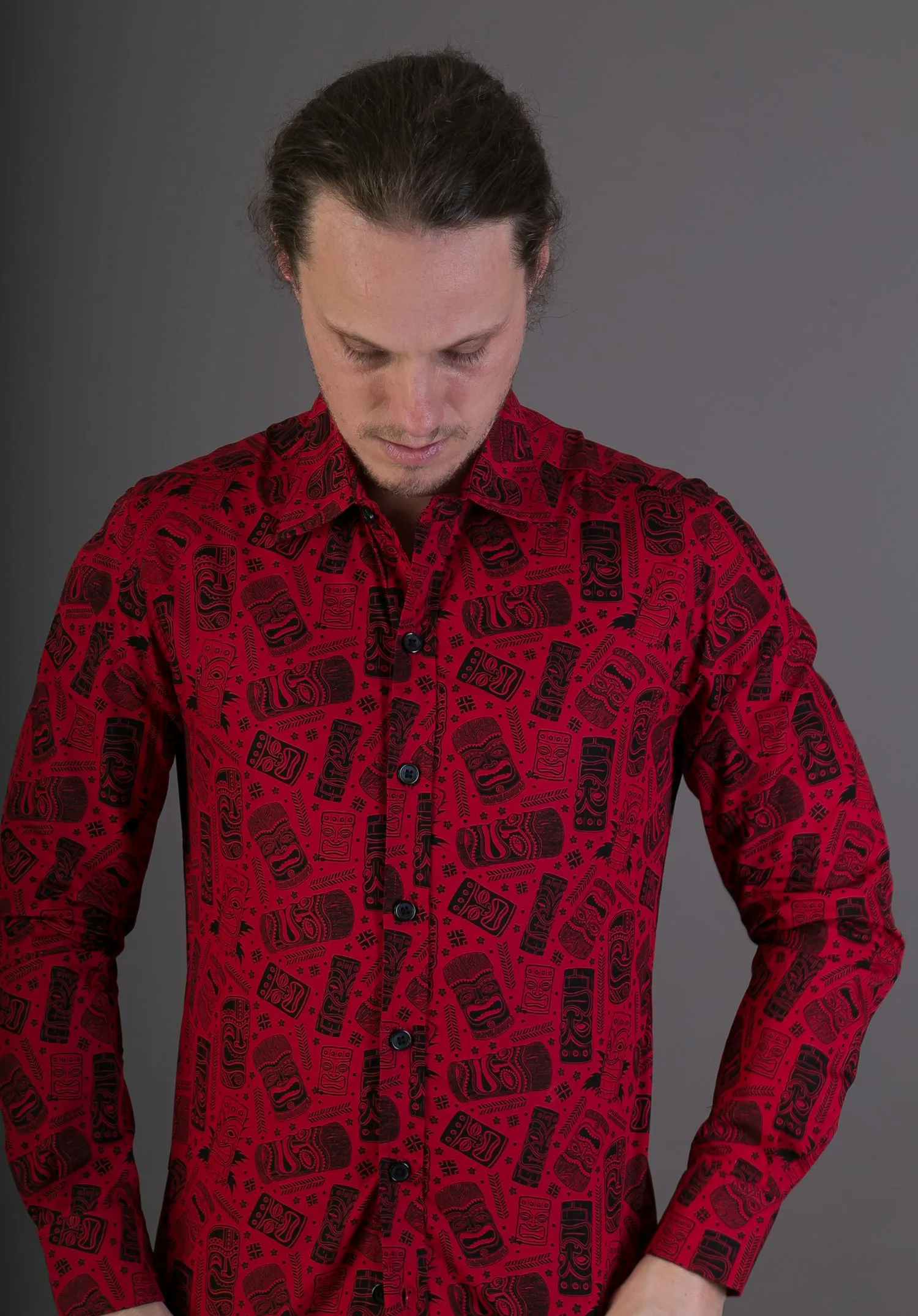 Red Totem Aztec Print Cotton Slim Fit Mens Shirt Long Sleeve