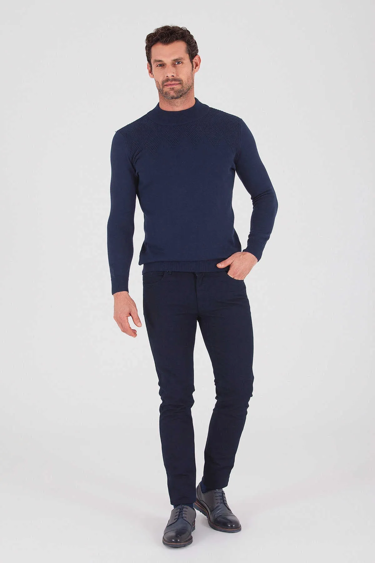 Regular Fit Plain Cotton Blend Bone Mock Neck Sweater, Navy