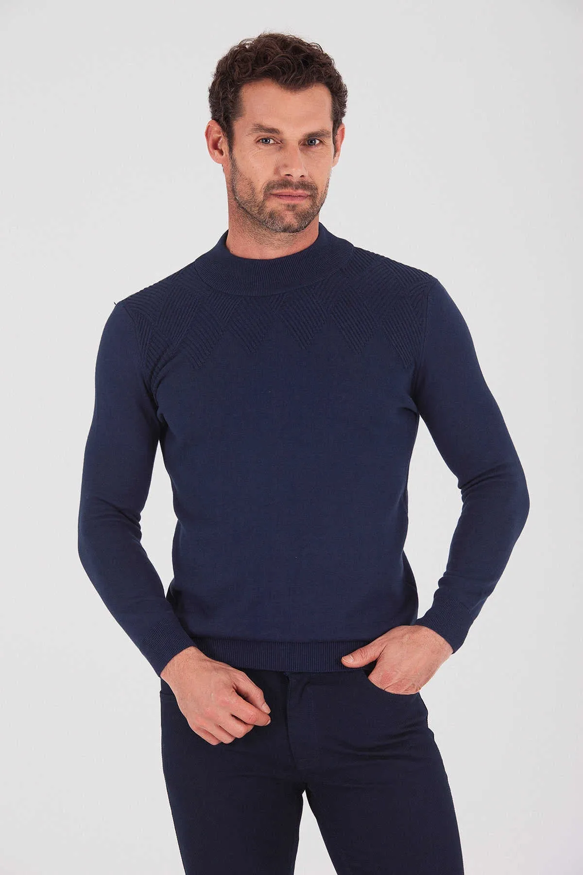 Regular Fit Plain Cotton Blend Bone Mock Neck Sweater, Navy