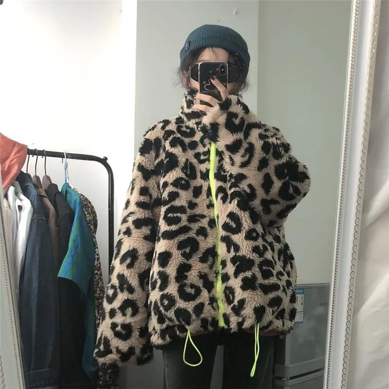 Retro Leopard Faux Fur Neon Zipper Jacket