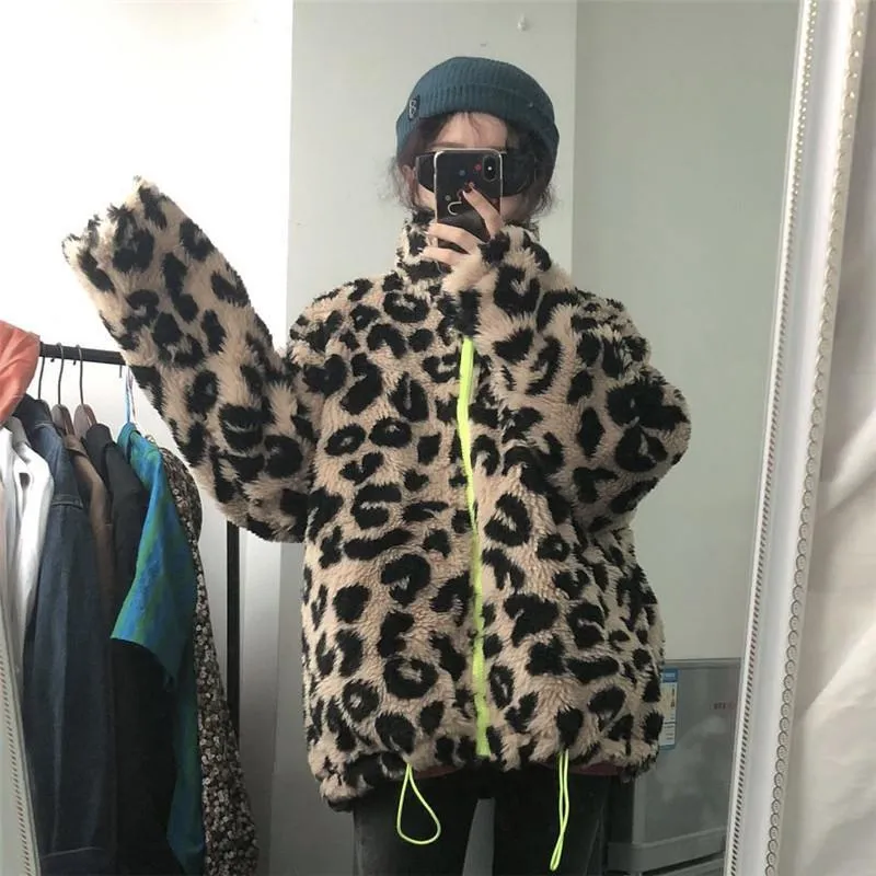 Retro Leopard Faux Fur Neon Zipper Jacket