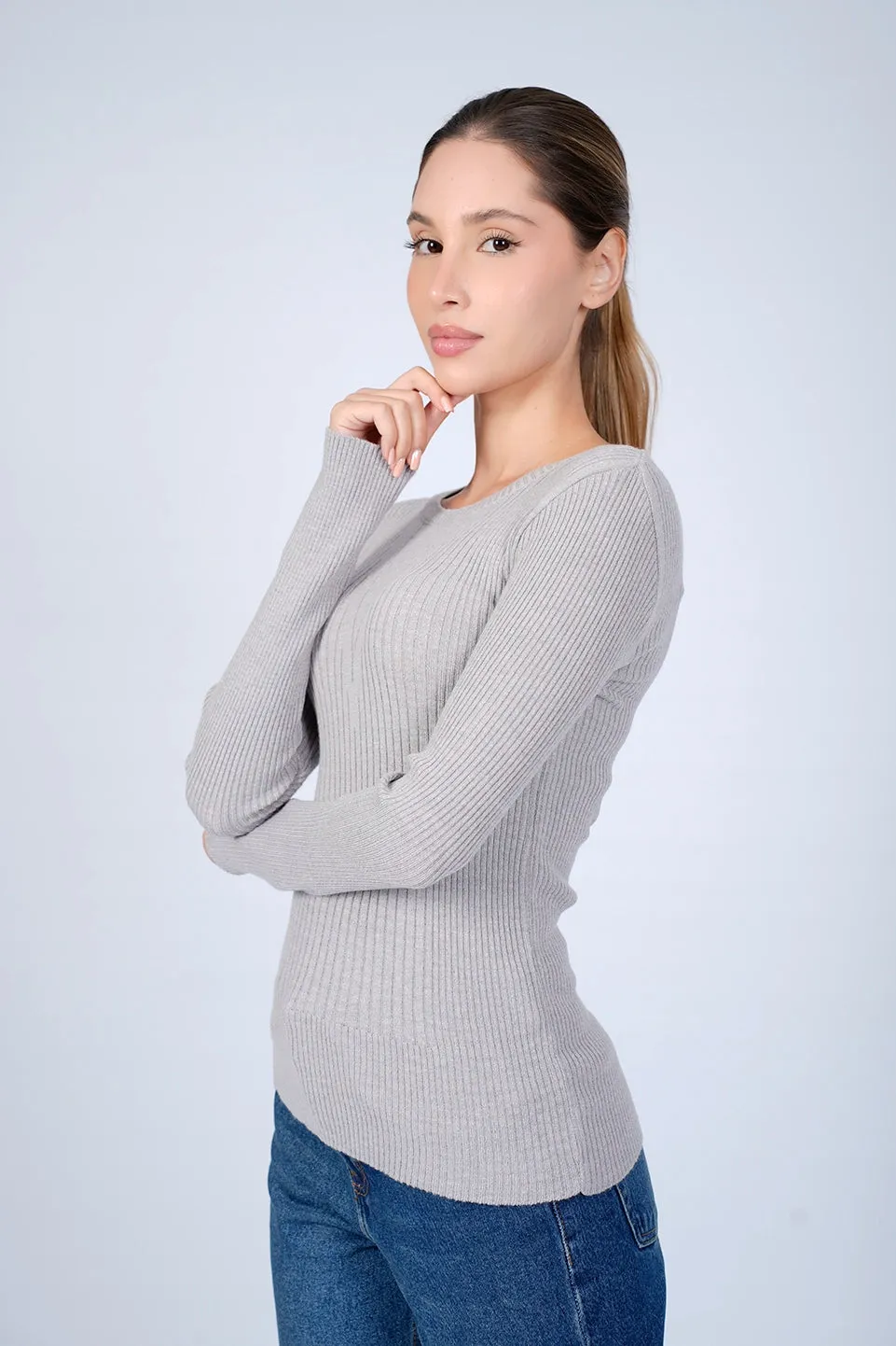 Round Neck Grey Ripped Knit Wear