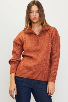 Rust Long Sleeve Half Zip Up Sweater