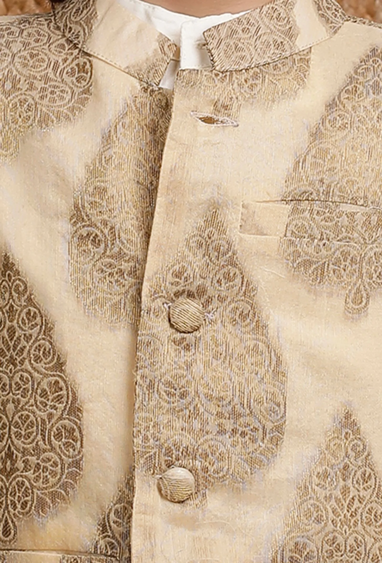 Set Of 3: Off White Cotton Silk Kurta, Pyjama & Golden Brocade Nehru Jacket