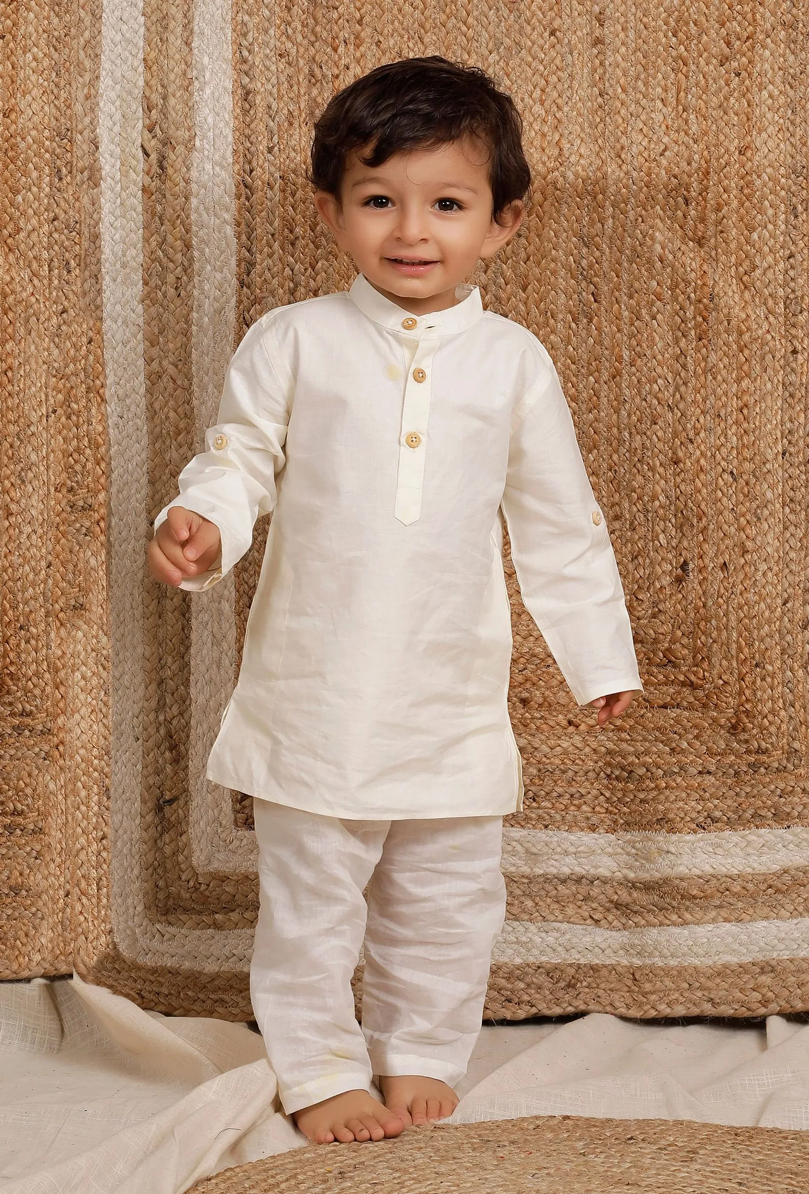 Set Of 3: Off White Cotton Silk Kurta, Pyjama & Golden Brocade Nehru Jacket