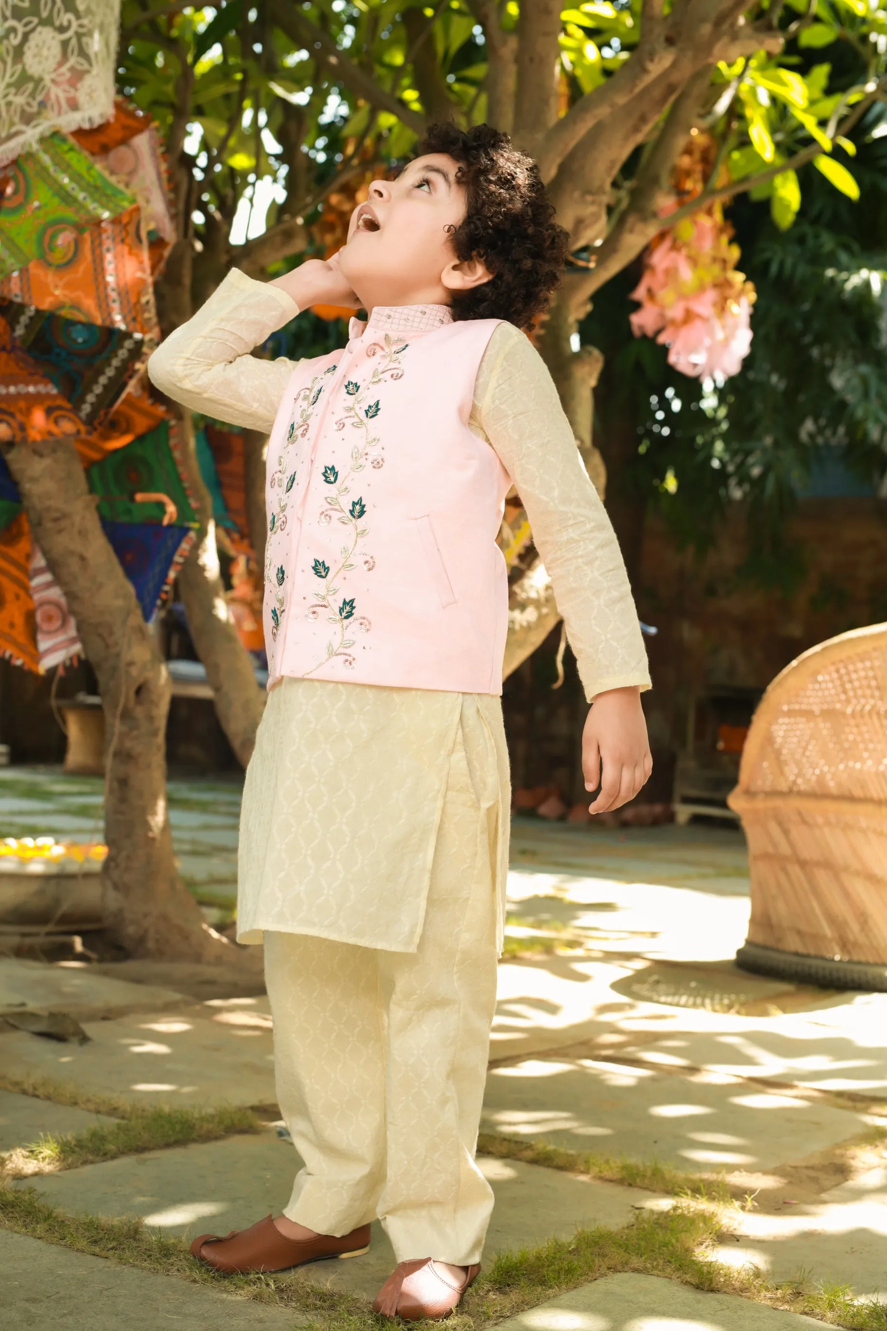 Shad - Embroidered Nehru Jacket With Cotton Dobby Kurta Trouser Set For Boys