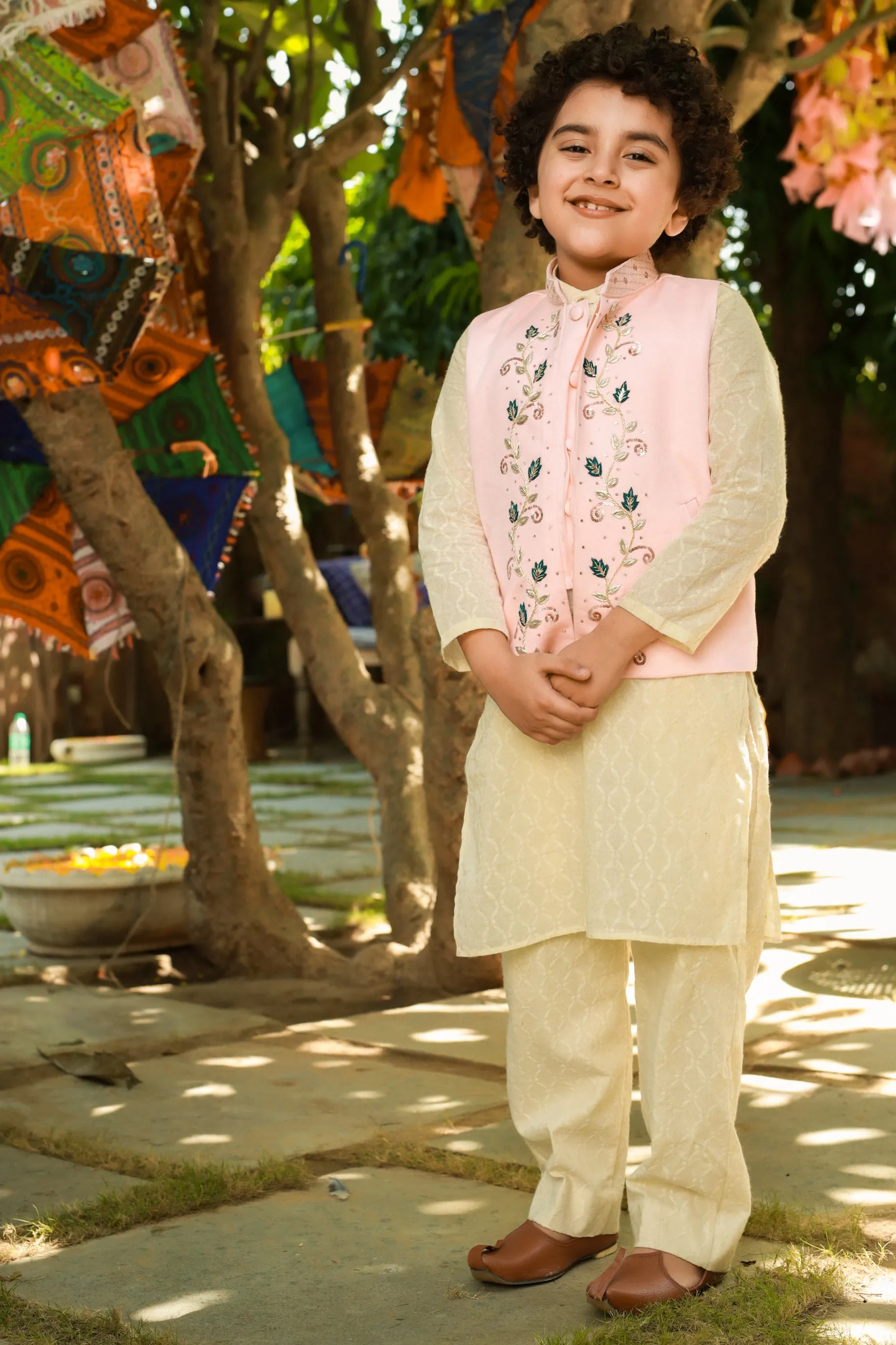 Shad - Embroidered Nehru Jacket With Cotton Dobby Kurta Trouser Set For Boys