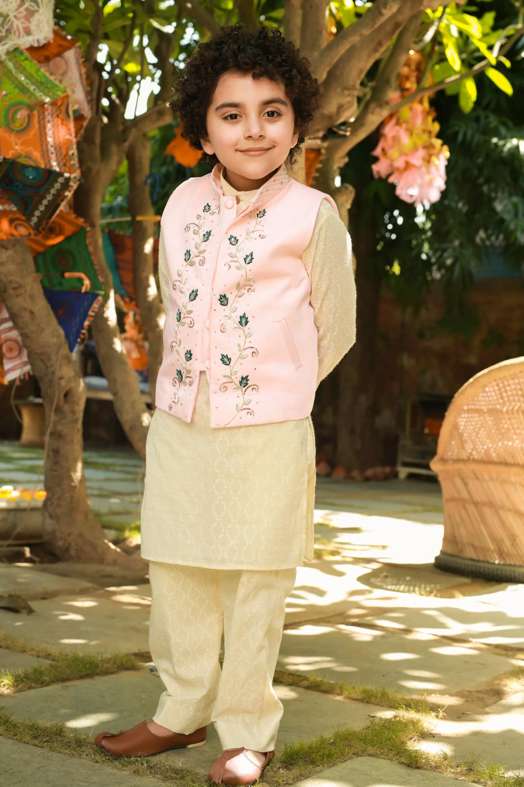 Shad - Embroidered Nehru Jacket With Cotton Dobby Kurta Trouser Set For Boys